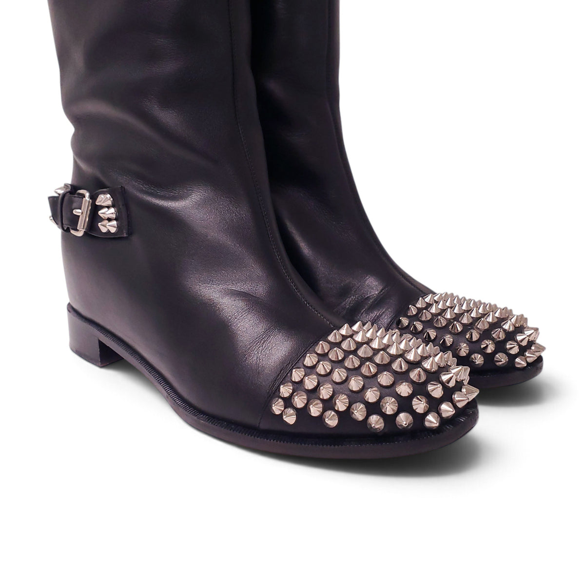 CHRISTIAN LOUBOUTIN LEATHER BLACK TALL BOOTS WITH ROCKSTUD DETAIL - SIZE 39