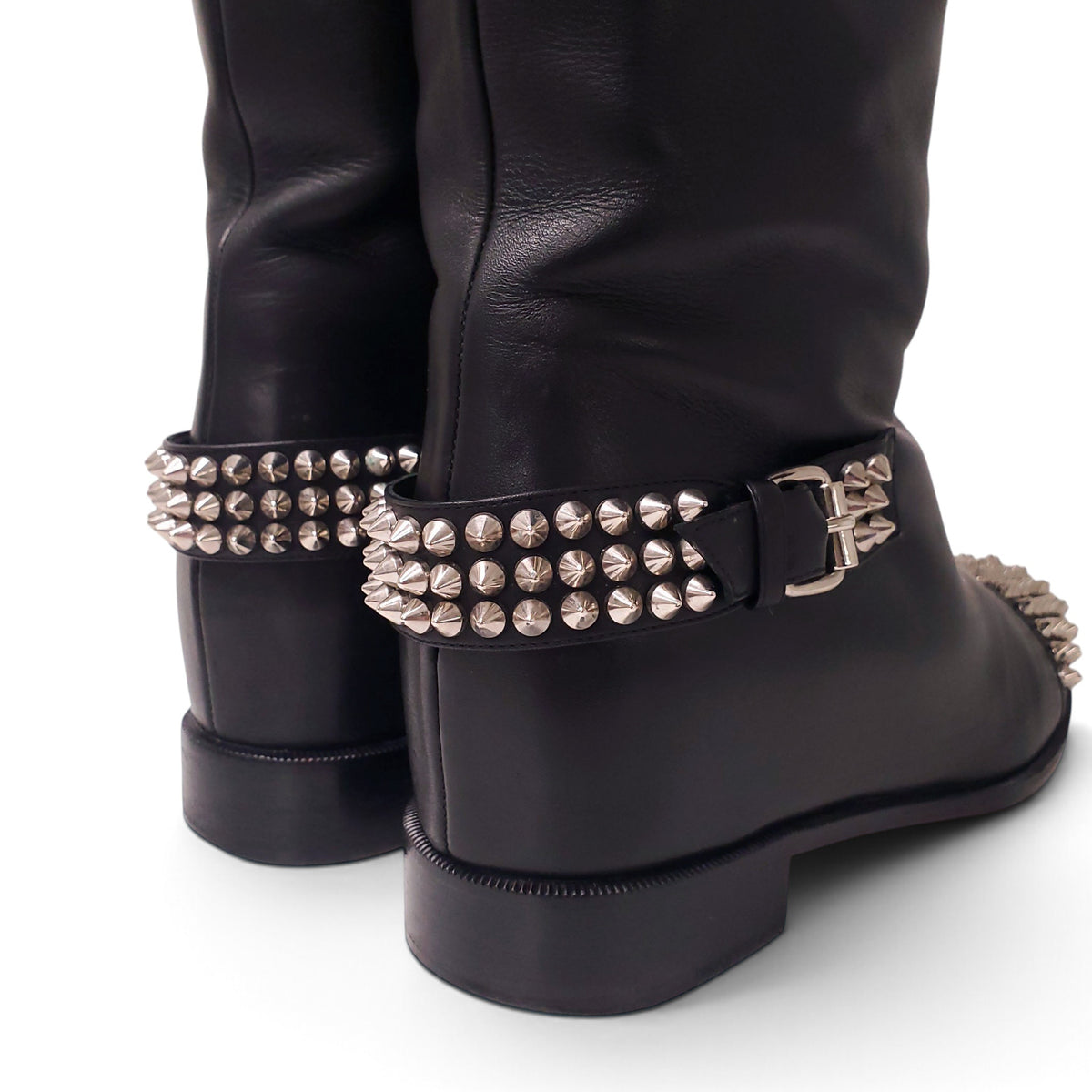 CHRISTIAN LOUBOUTIN LEATHER BLACK TALL BOOTS WITH ROCKSTUD DETAIL - SIZE 39