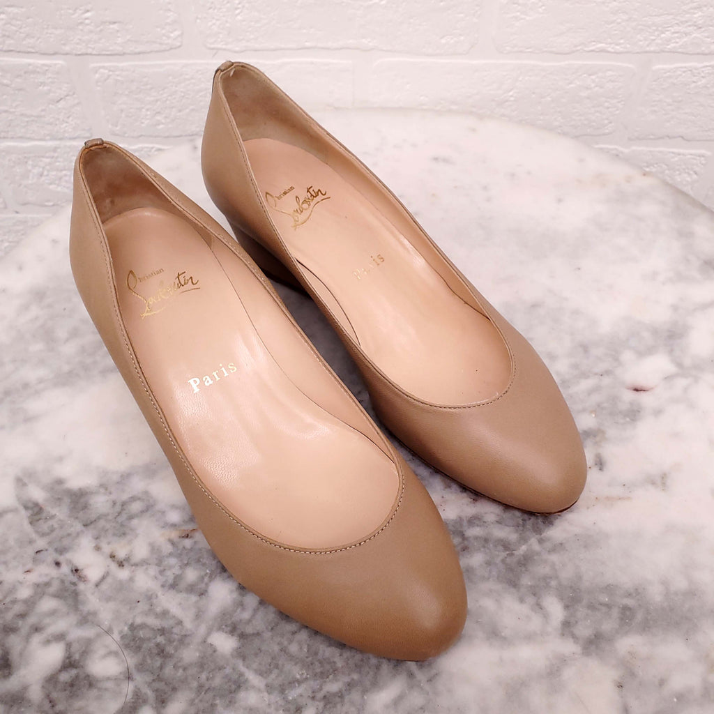 CHRISTIAN LOUBOUTIN NUDE LEATHER WEDGES - SIZE 36.5