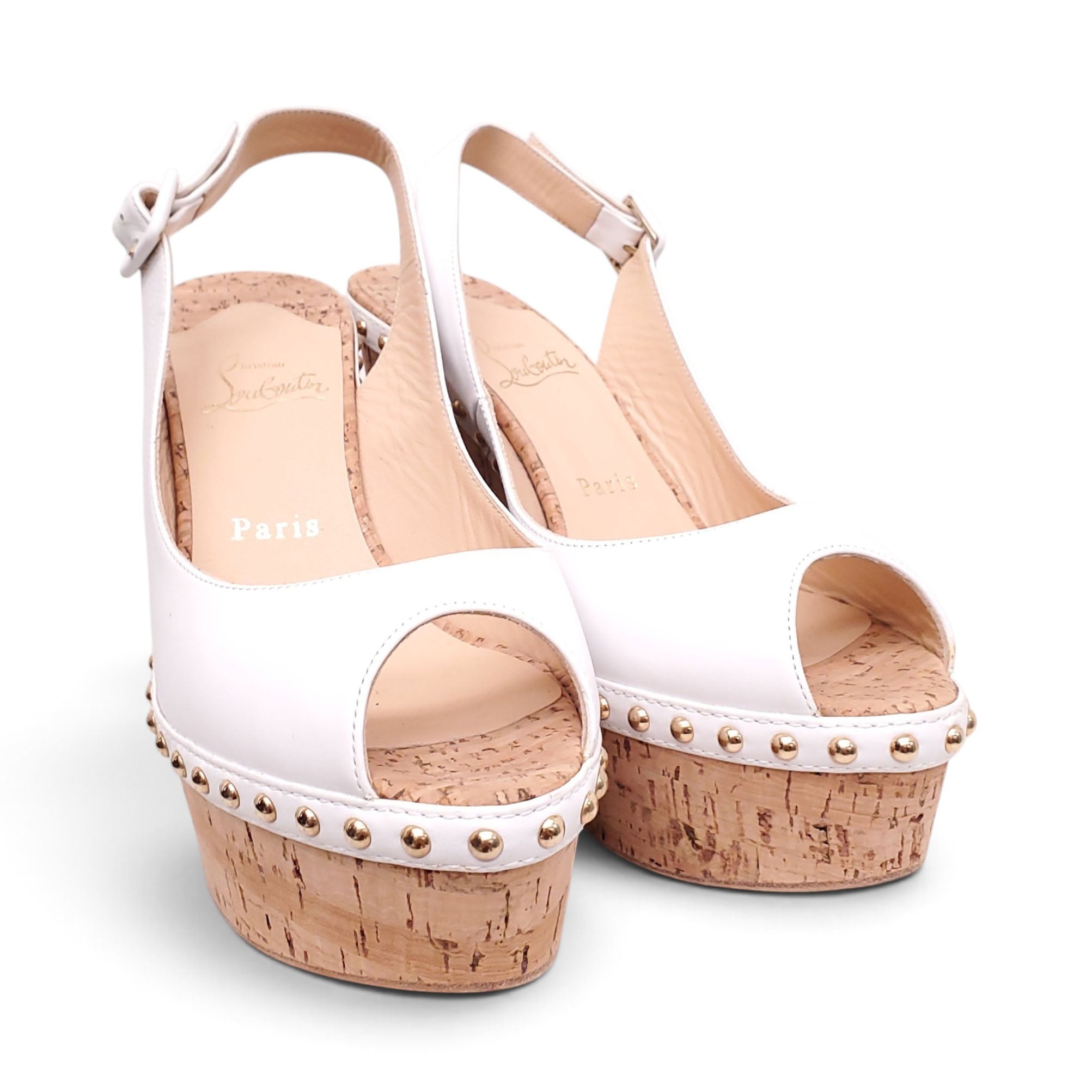 CHRISTIAN LOUBOUTIN WHITE STUDDED ESPADRILLE WEDGES - SIZE 39