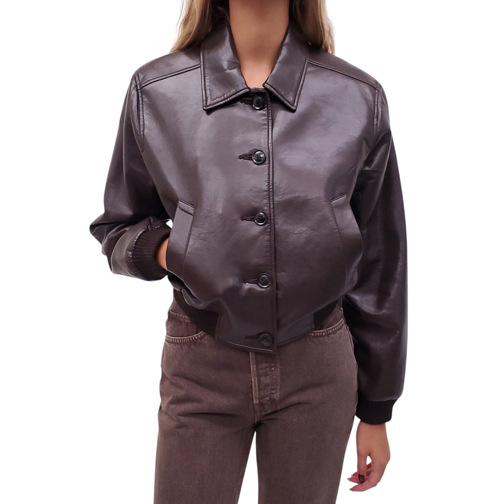 CITIZENS OF HUMANITY BROWN LEATHER BOMBER JACKET - SIZE XS