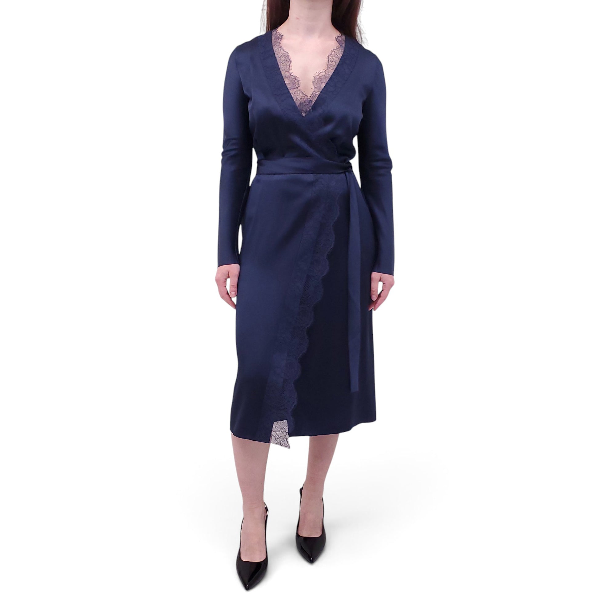 DION LEE NAVY SILK LACE LONG SLEEVE DRESS - SIZE 4