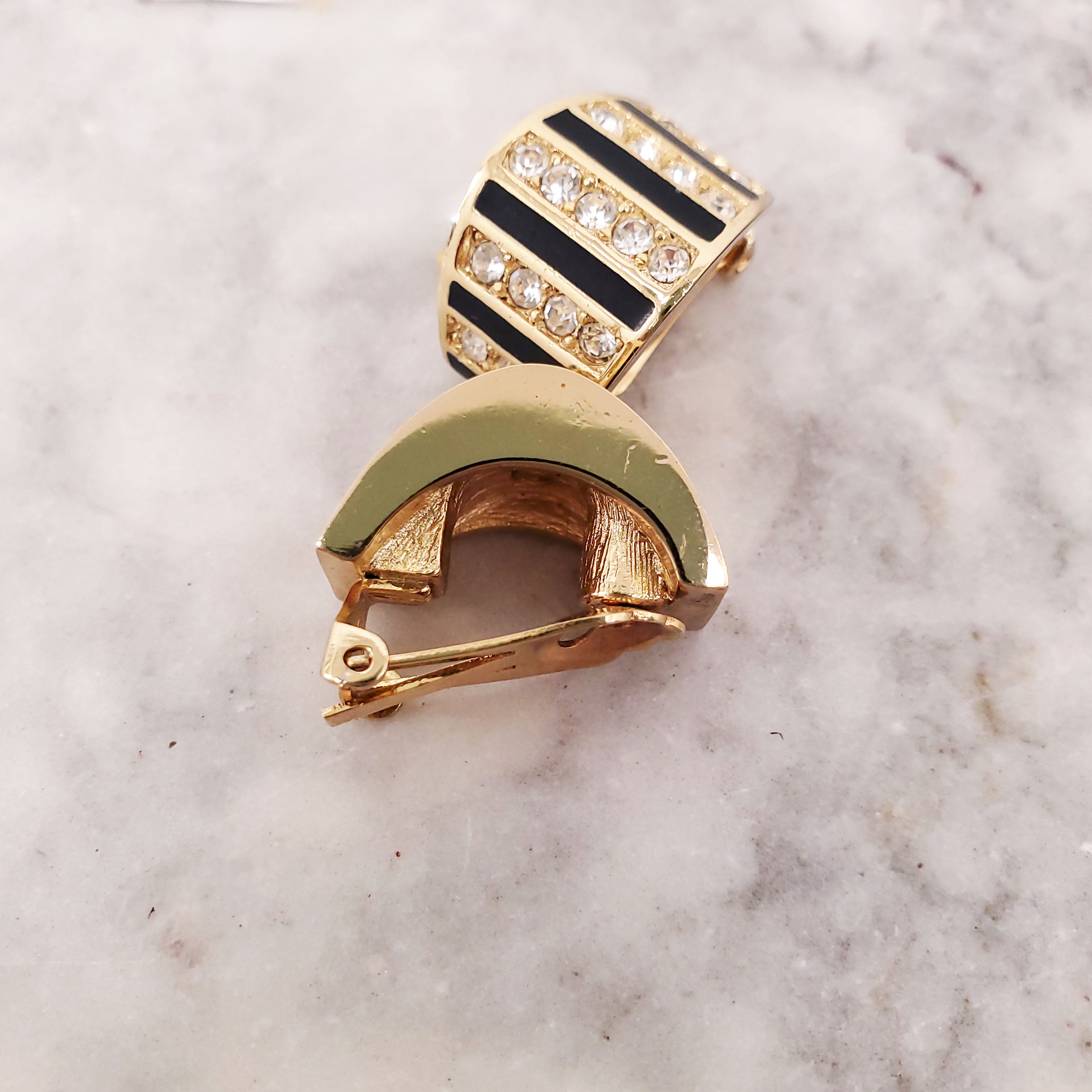 DIOR 1980 GOLD CLIP-ON DOMED EARRINGS WITH DIAMANTE CLUSTERS FLANKED BY BLUE ENAMEL STRIPES