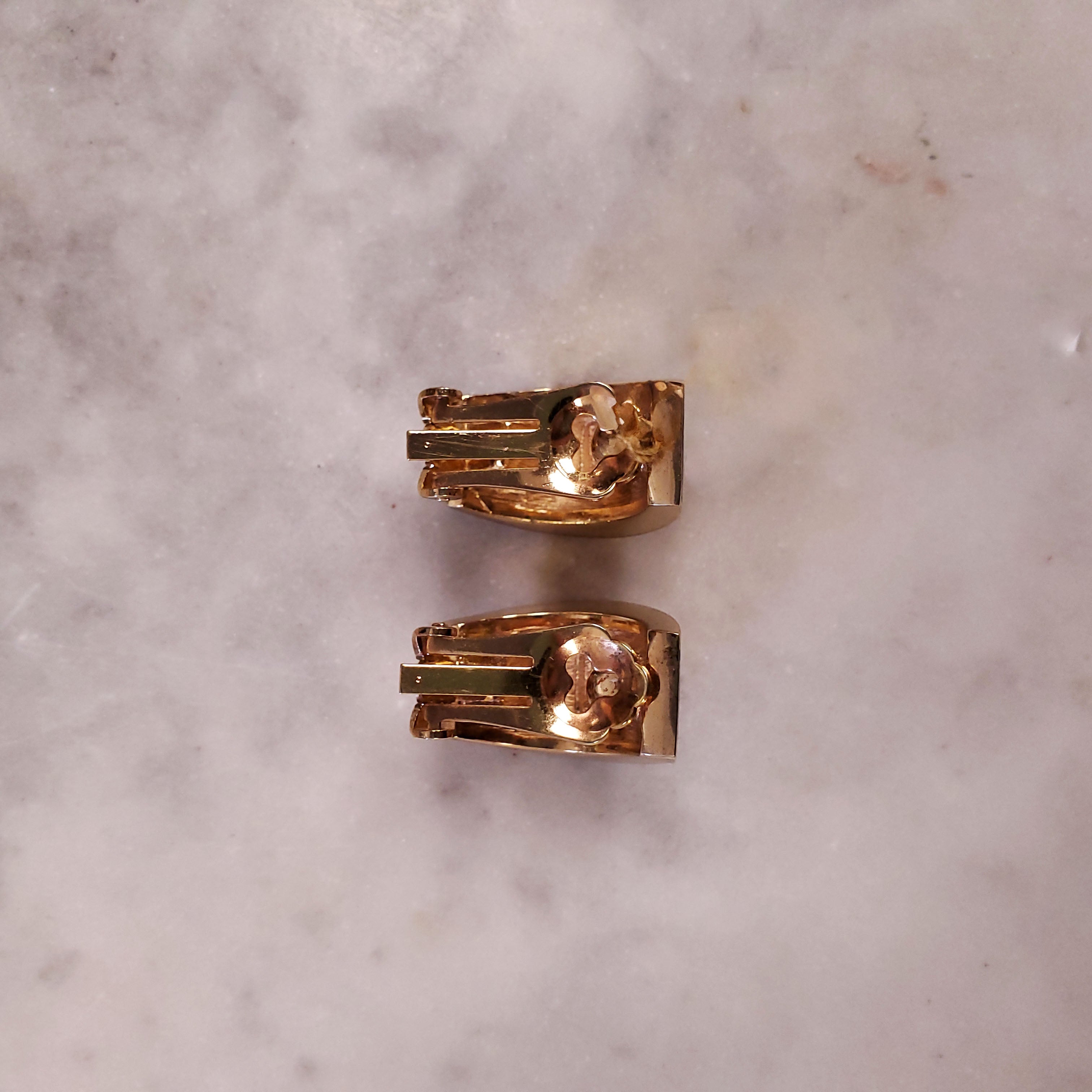 DIOR 1980 GOLD CLIP-ON DOMED EARRINGS WITH DIAMANTE CLUSTERS FLANKED BY BLUE ENAMEL STRIPES