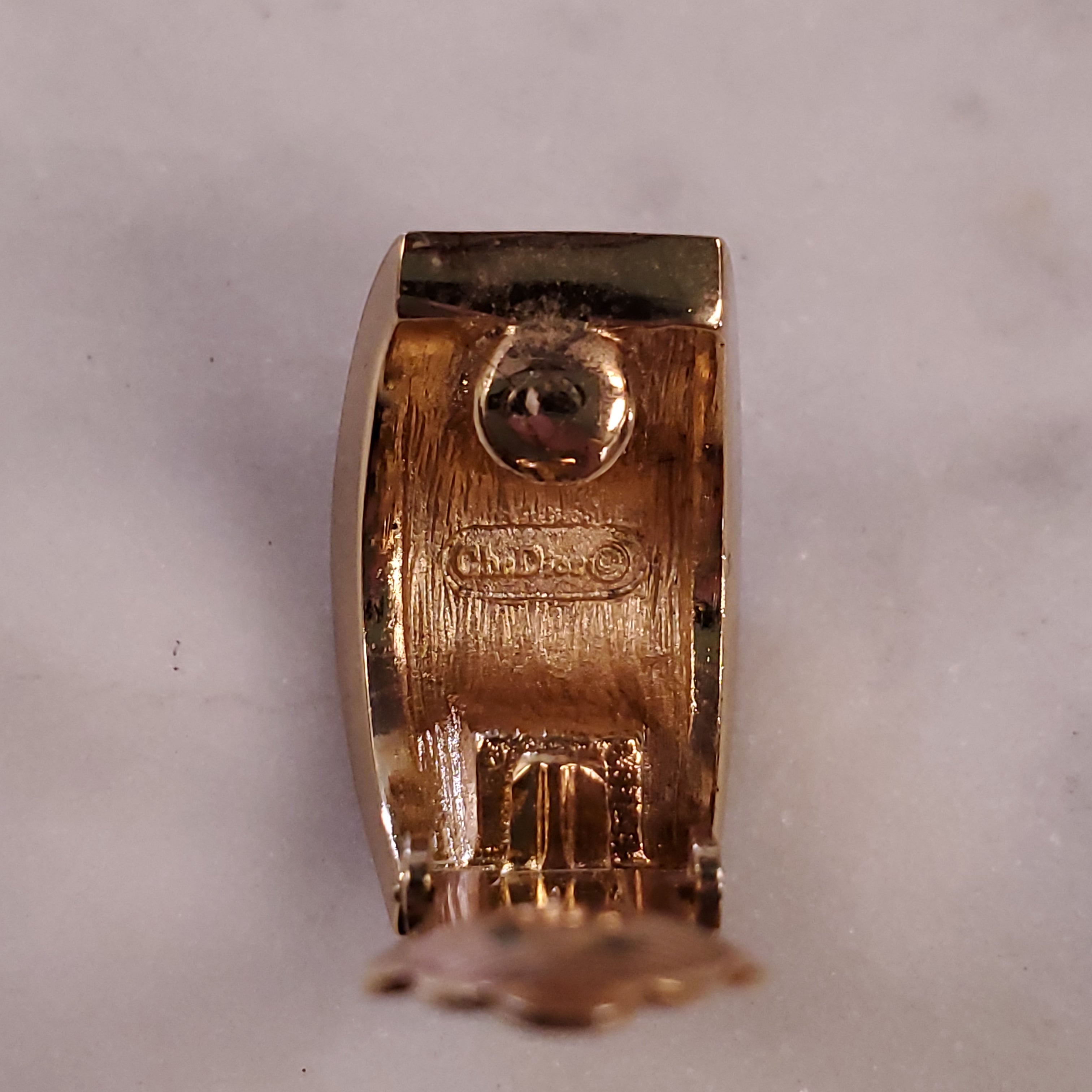 DIOR 1980 GOLD CLIP-ON DOMED EARRINGS WITH DIAMANTE CLUSTERS FLANKED BY BLUE ENAMEL STRIPES