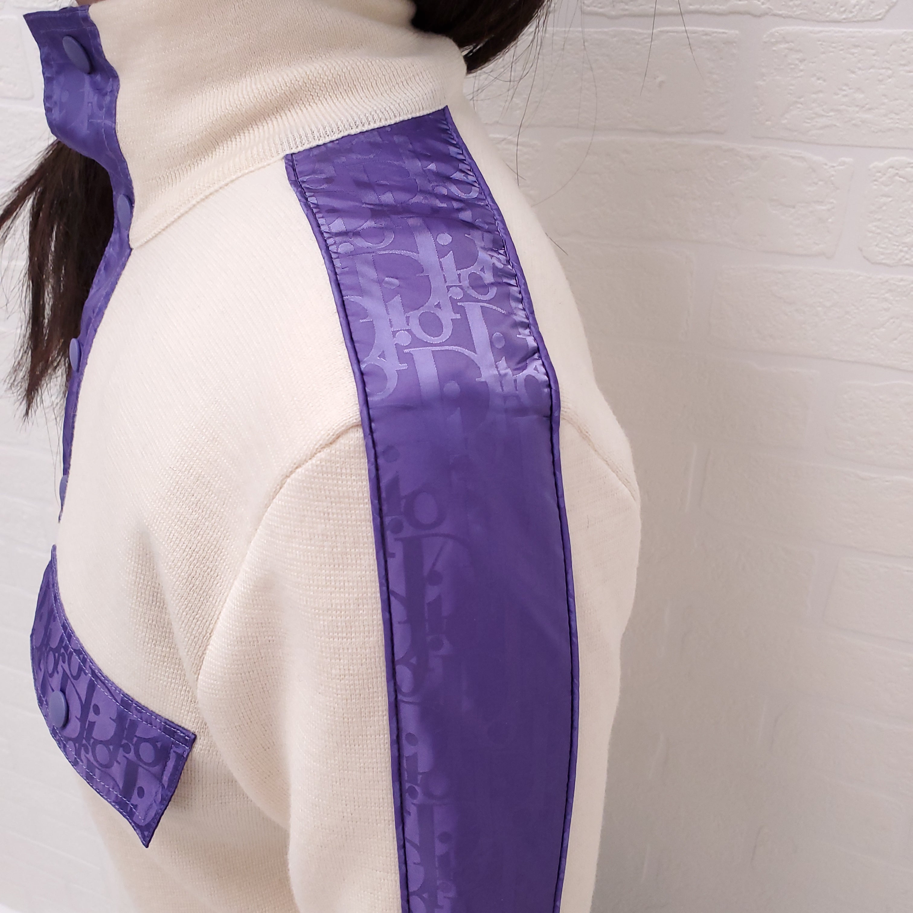 DIOR HOMME CREAM WOOL SWEATER WITH PURPLE 'OBLIQUE' DETAIL - SIZE S