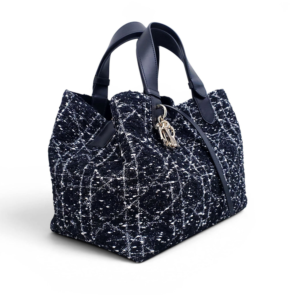 DIOR MEDIUM BLACK TWEED TOUJOURS BAG WITH WHITE CANNAGE MOTIF