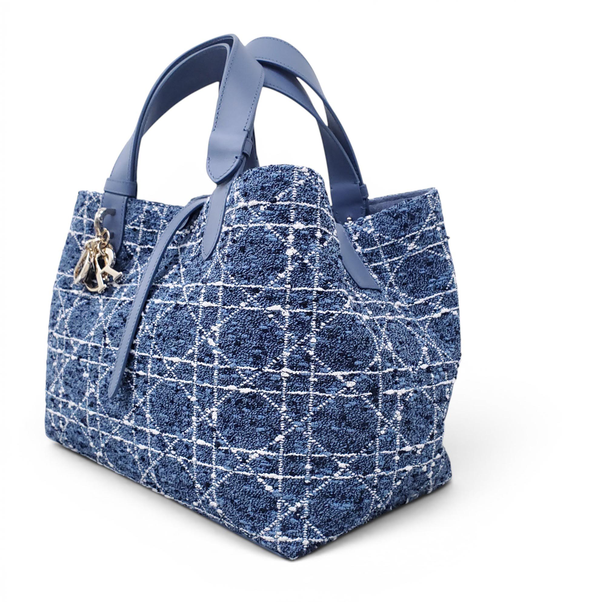 DIOR MEDIUM BLUE TWEED TOUJOURS BAG WITH WHITE CANNAGE MOTIF