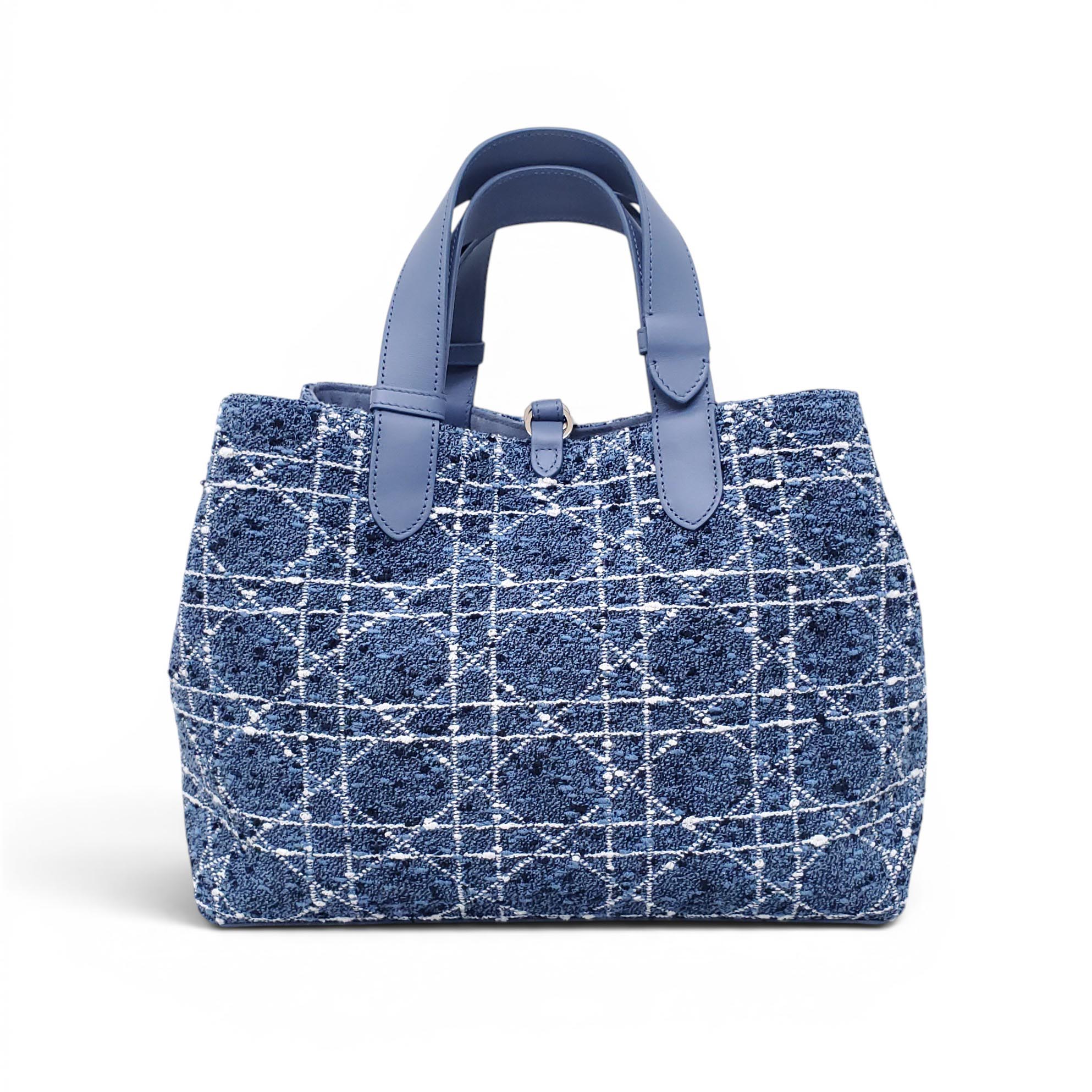DIOR MEDIUM BLUE TWEED TOUJOURS BAG WITH WHITE CANNAGE MOTIF