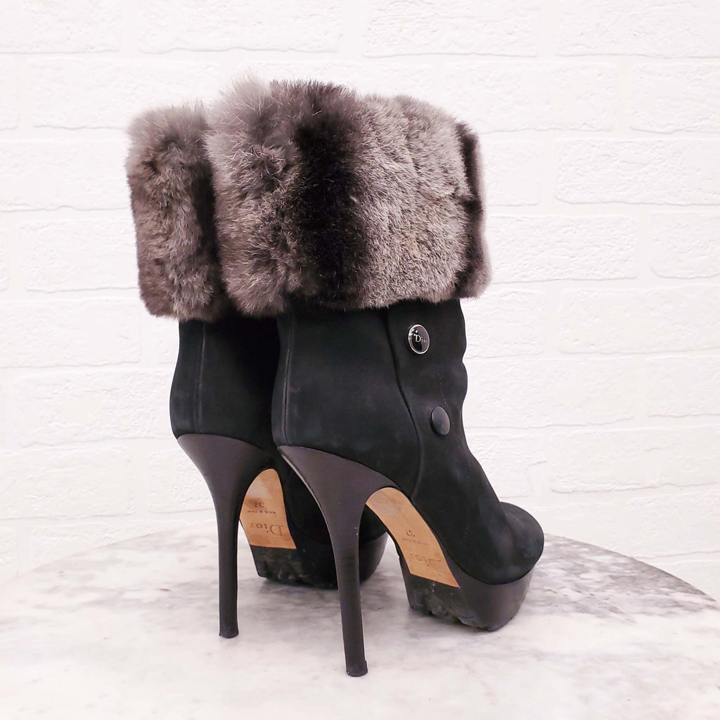 DIOR SUEDE BOOTIES WITH RABBIT FUR DETAIL - SIZE 37