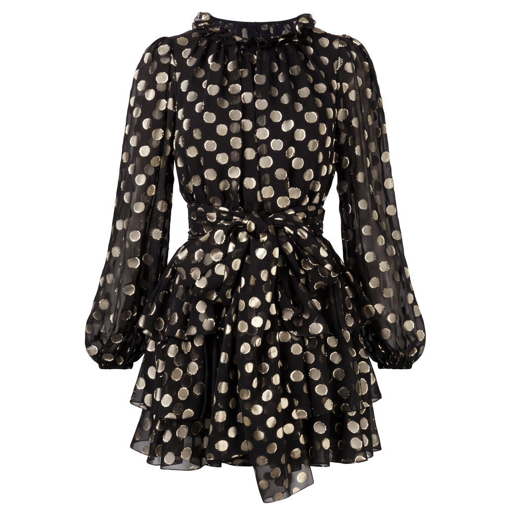 DOLCE & GABBANA BLACK AND GOLD POLKA DOT LONG SLEEVE DRESS - SIZE 40