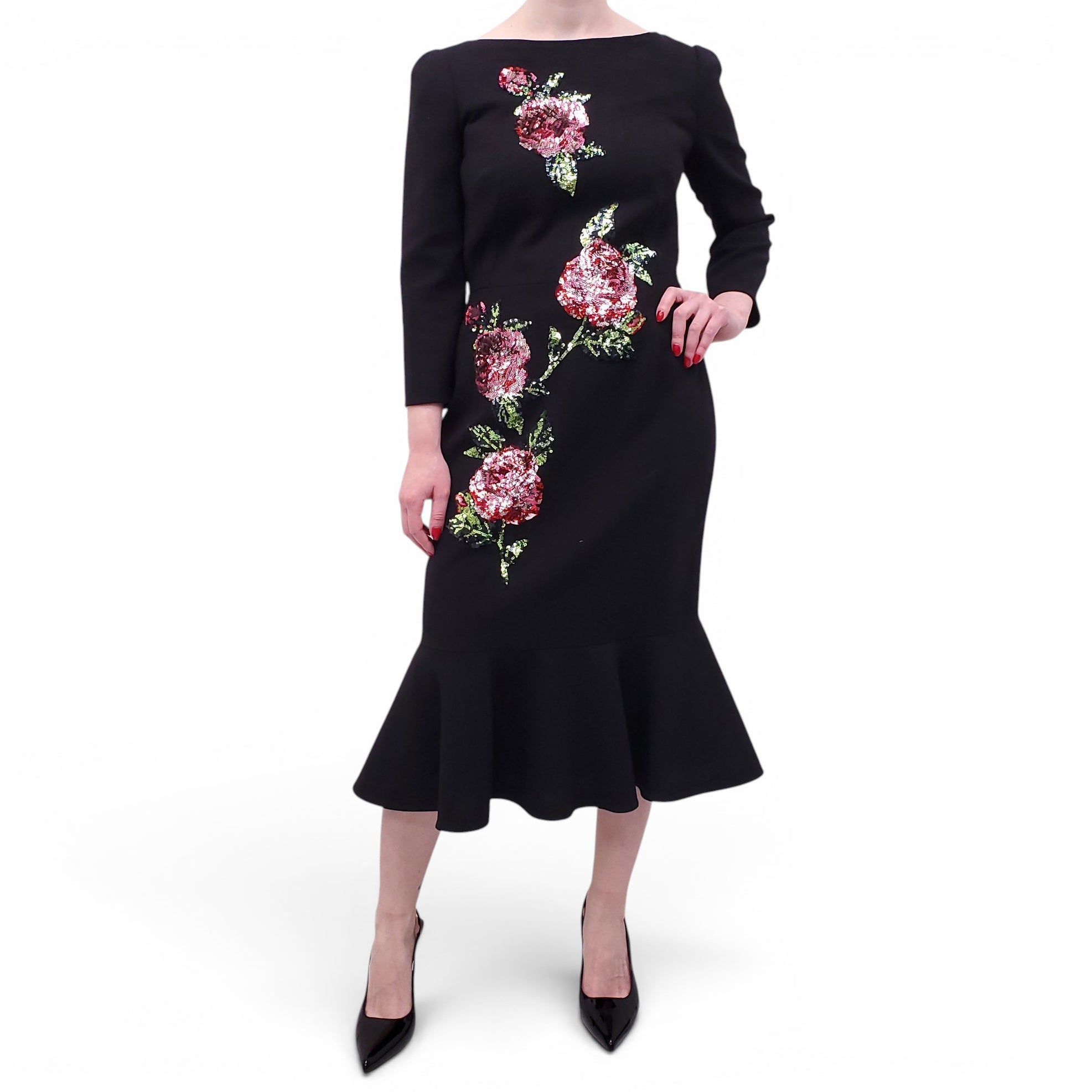 DOLCE & GABBANA BLACK FLORAL DRESS WITH SEQUIN ROSES - SIZE 46