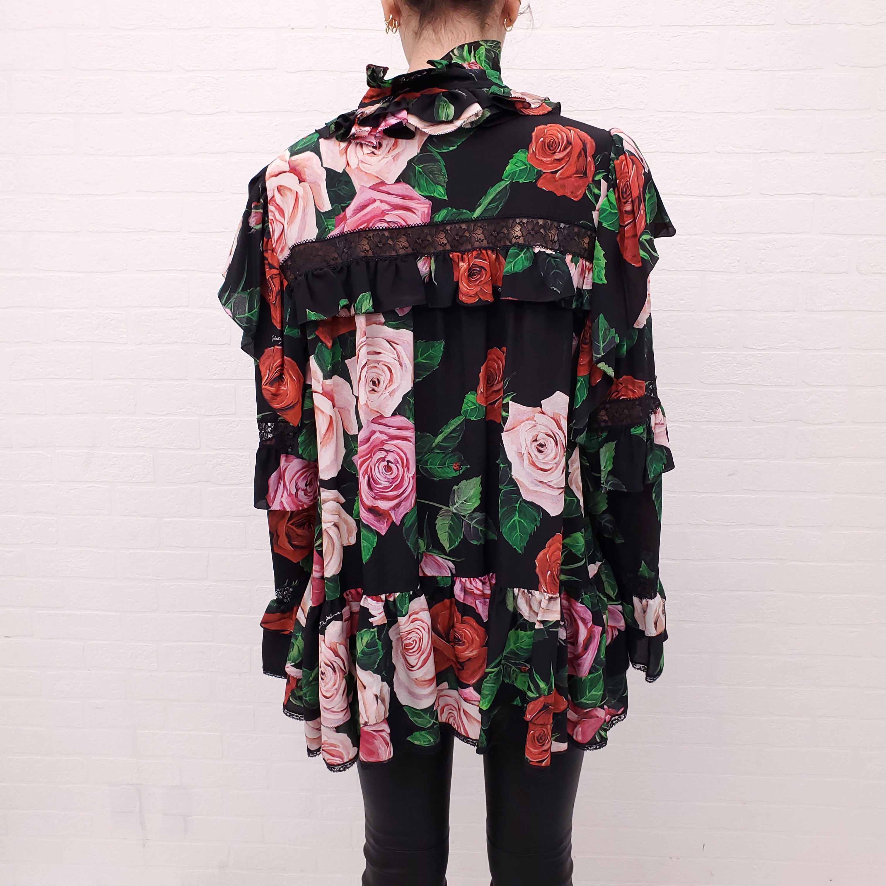 DOLCE & GABBANA BLACK FLORAL RUFFLE A-LINE BLOUSE WITH LACE DETAILS - SIZE 50