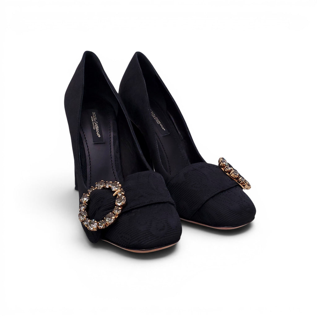 DOLCE & GABBANA BLACK RIBBED HEELS WITH CRYSTAL EMBLEM DETAIL - SIZE 36.5