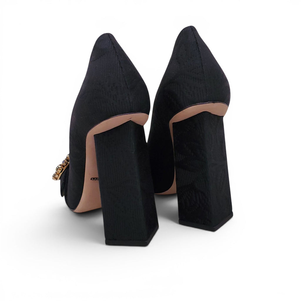 DOLCE & GABBANA BLACK RIBBED HEELS WITH CRYSTAL EMBLEM DETAIL - SIZE 36.5