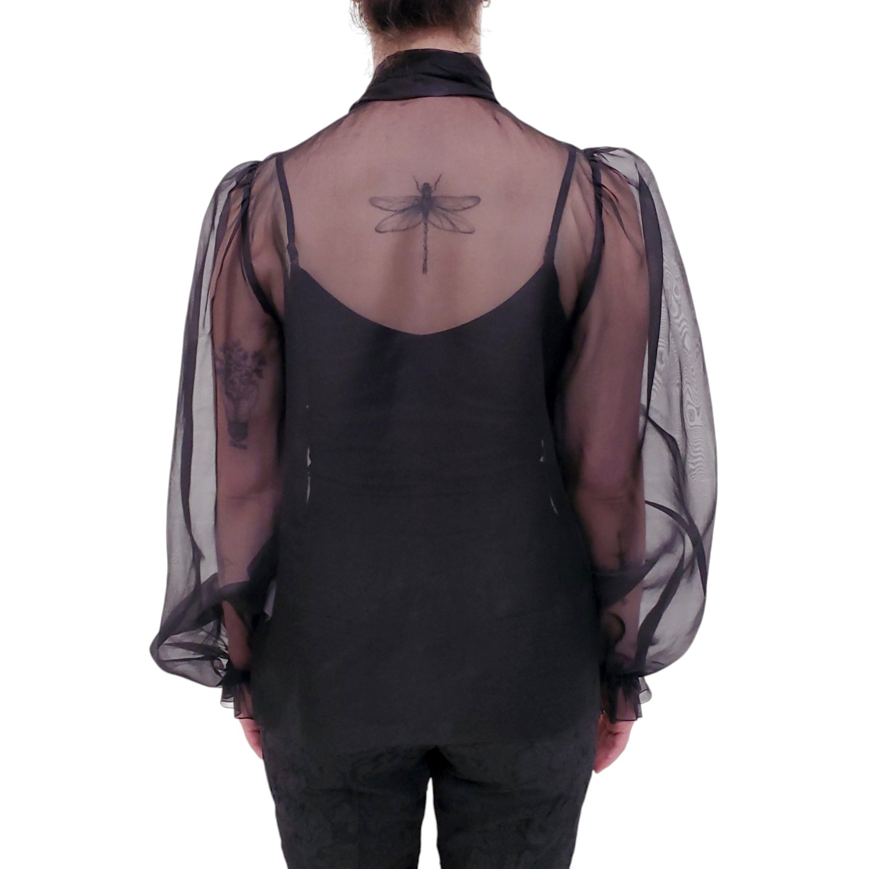 DOLCE & GABBANA BLACK SILK ORGANZA BLOUSE WITH TIE DETAIL  - SIZE 40