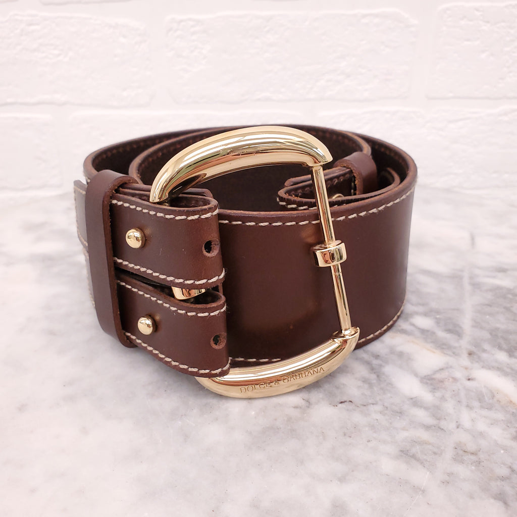 DOLCE & GABBANA BROWN LEATHER DOUBLE BELT WITH GOLD BUCKLE - SIZE 75