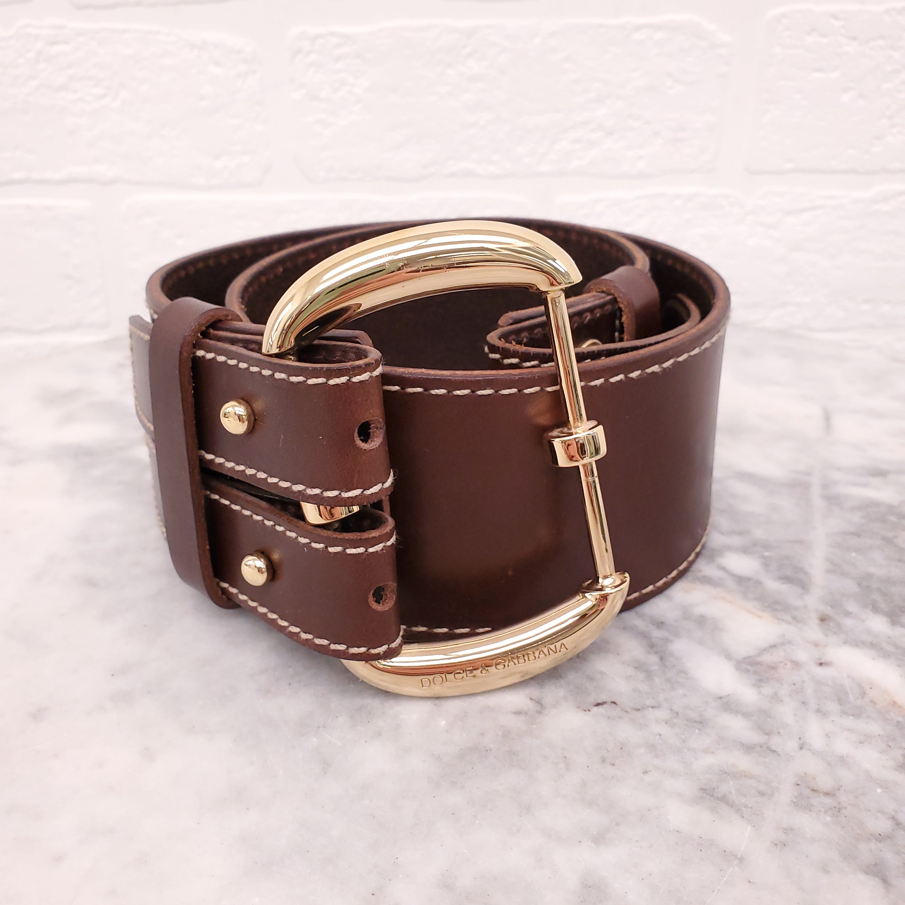DOLCE & GABBANA BROWN LEATHER DOUBLE BELT WITH GOLD BUCKLE - SIZE 75