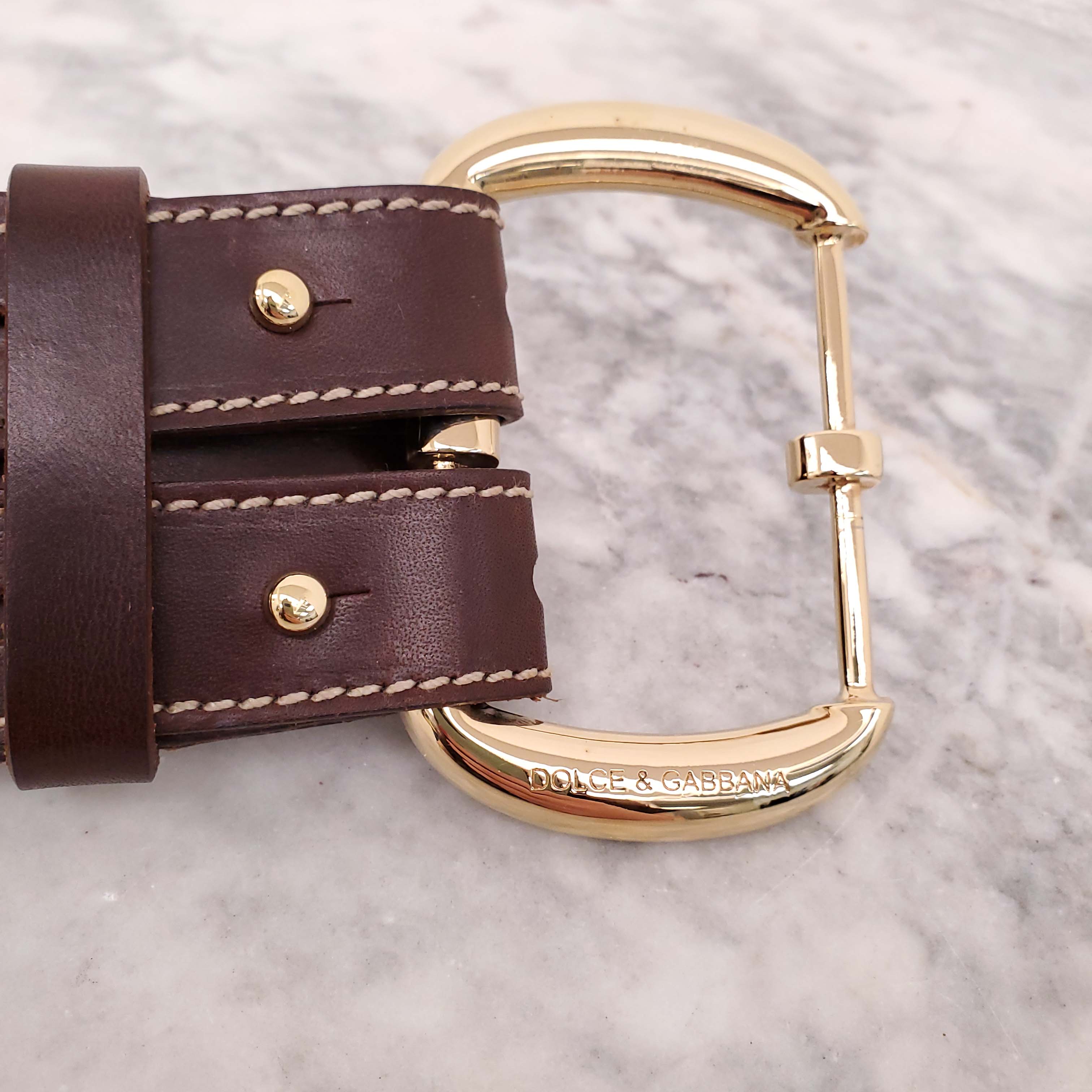 DOLCE & GABBANA BROWN LEATHER DOUBLE BELT WITH GOLD BUCKLE - SIZE 75