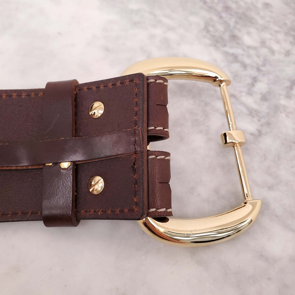 DOLCE & GABBANA BROWN LEATHER DOUBLE BELT WITH GOLD BUCKLE - SIZE 75