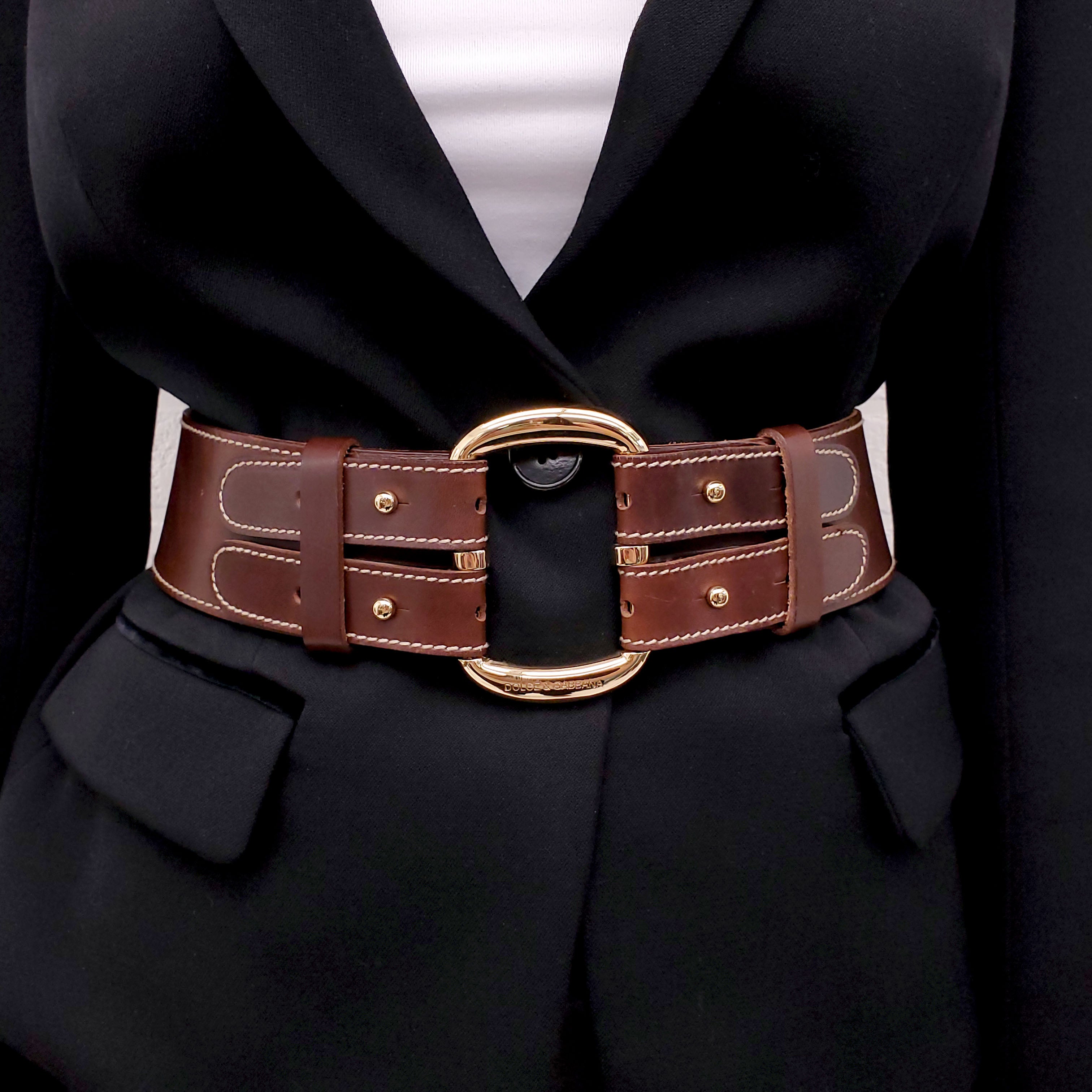 DOLCE & GABBANA BROWN LEATHER DOUBLE BELT WITH GOLD BUCKLE - SIZE 75