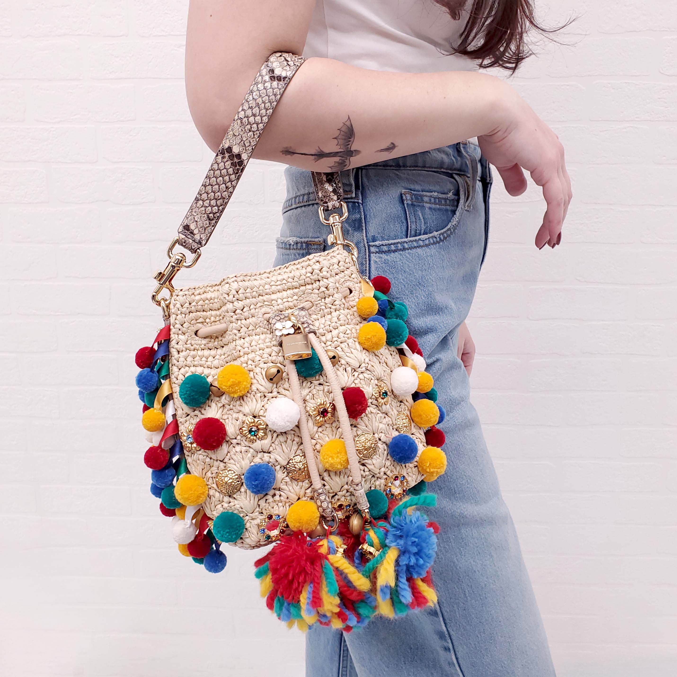 DOLCE & GABBANA CLAUDIA POM-POMS BUCKET BAG