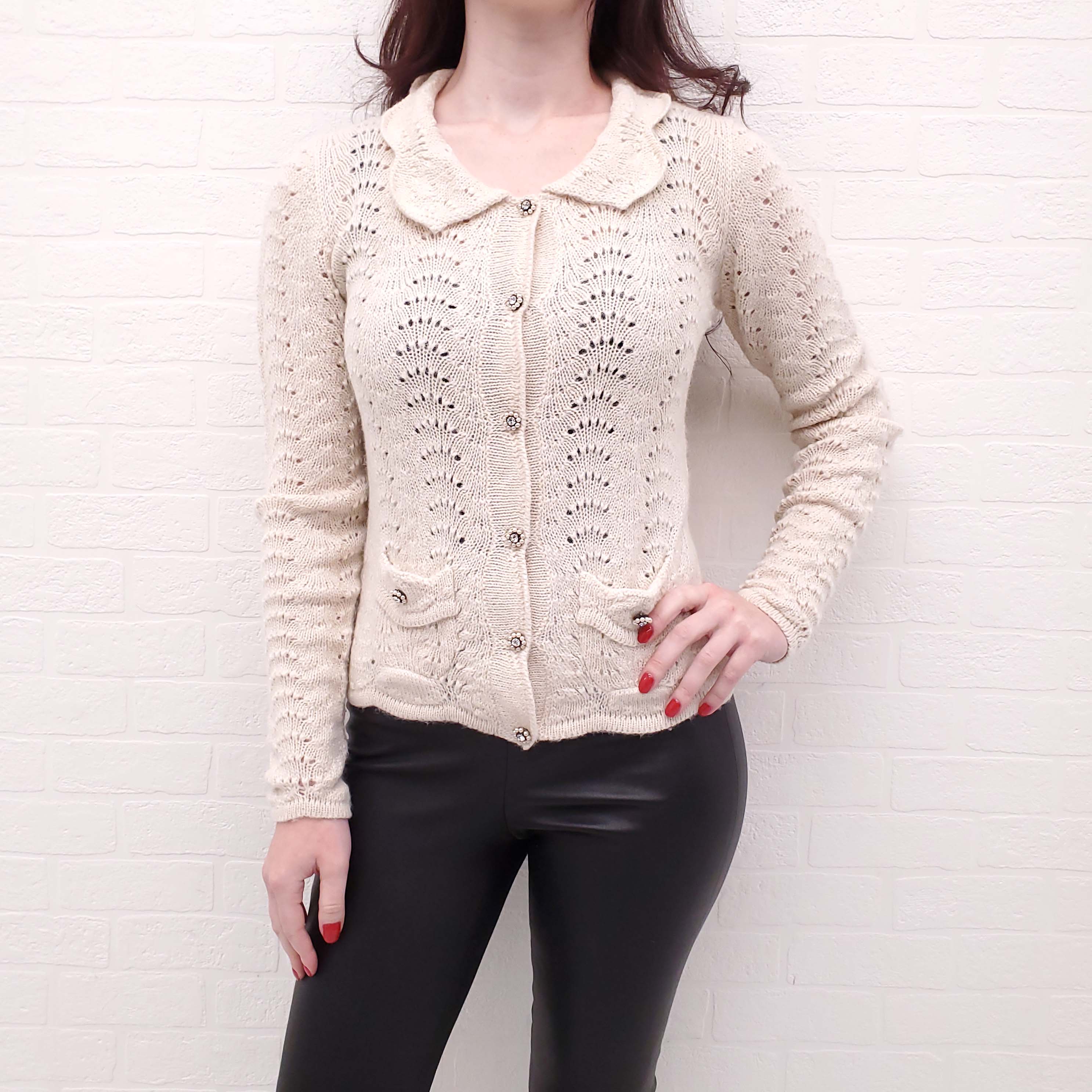 DOLCE & GABBANA CREAM CROCHET CARDIGAN WITH PEARL AND CRYSTAL BUTTONS - SIZE 42