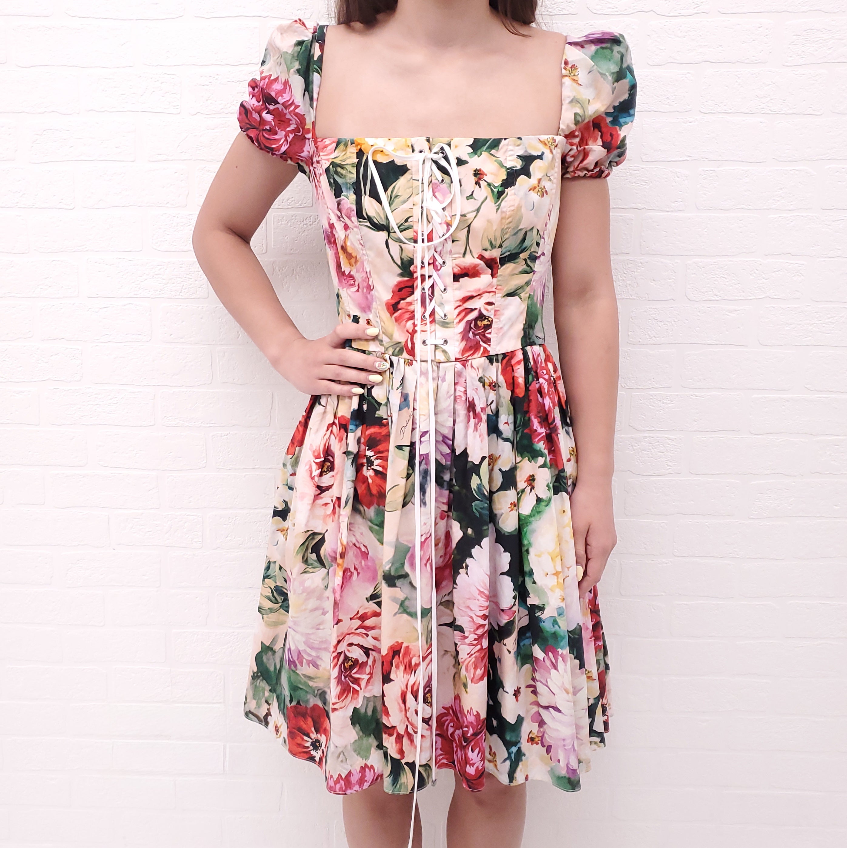 DOLCE & GABBANA FLORAL COTTON SHORT SLEEVE LACE UP DRESS - SIZE 38