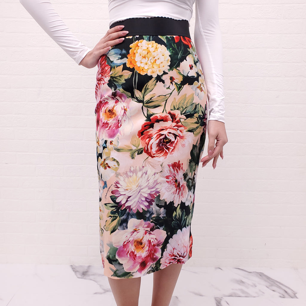 DOLCE & GABBANA FLORAL PENCIL SKIRT WITH ELASTIC WAISTBAND - SIZE 40