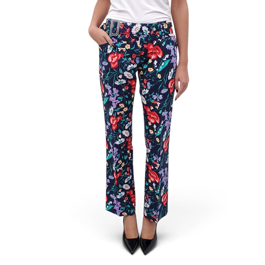 DOLCE & GABBANA FLORAL TROUSERS WITH D&G SILVER LOGO - SIZE 44 (FITS SIZE 6/8)