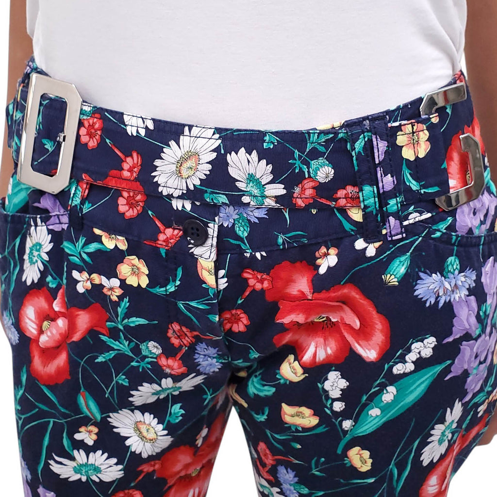 DOLCE & GABBANA FLORAL TROUSERS WITH D&G SILVER LOGO - SIZE 44 (FITS SIZE 6/8)