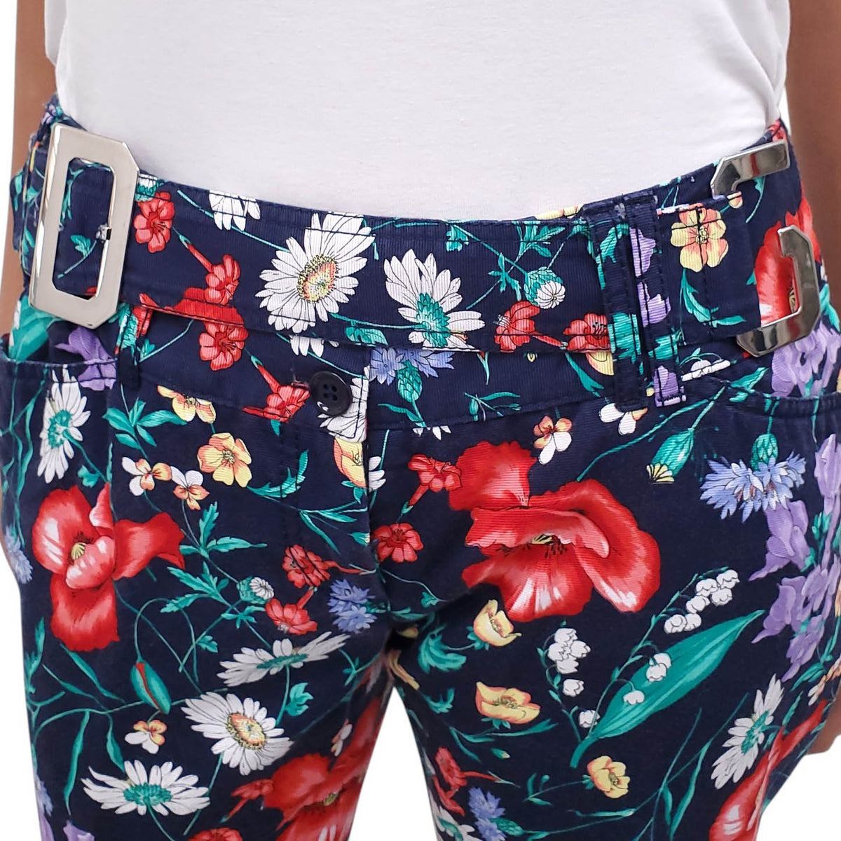 DOLCE & GABBANA FLORAL TROUSERS WITH D&G SILVER LOGO - SIZE 44 (FITS SIZE 6/8)