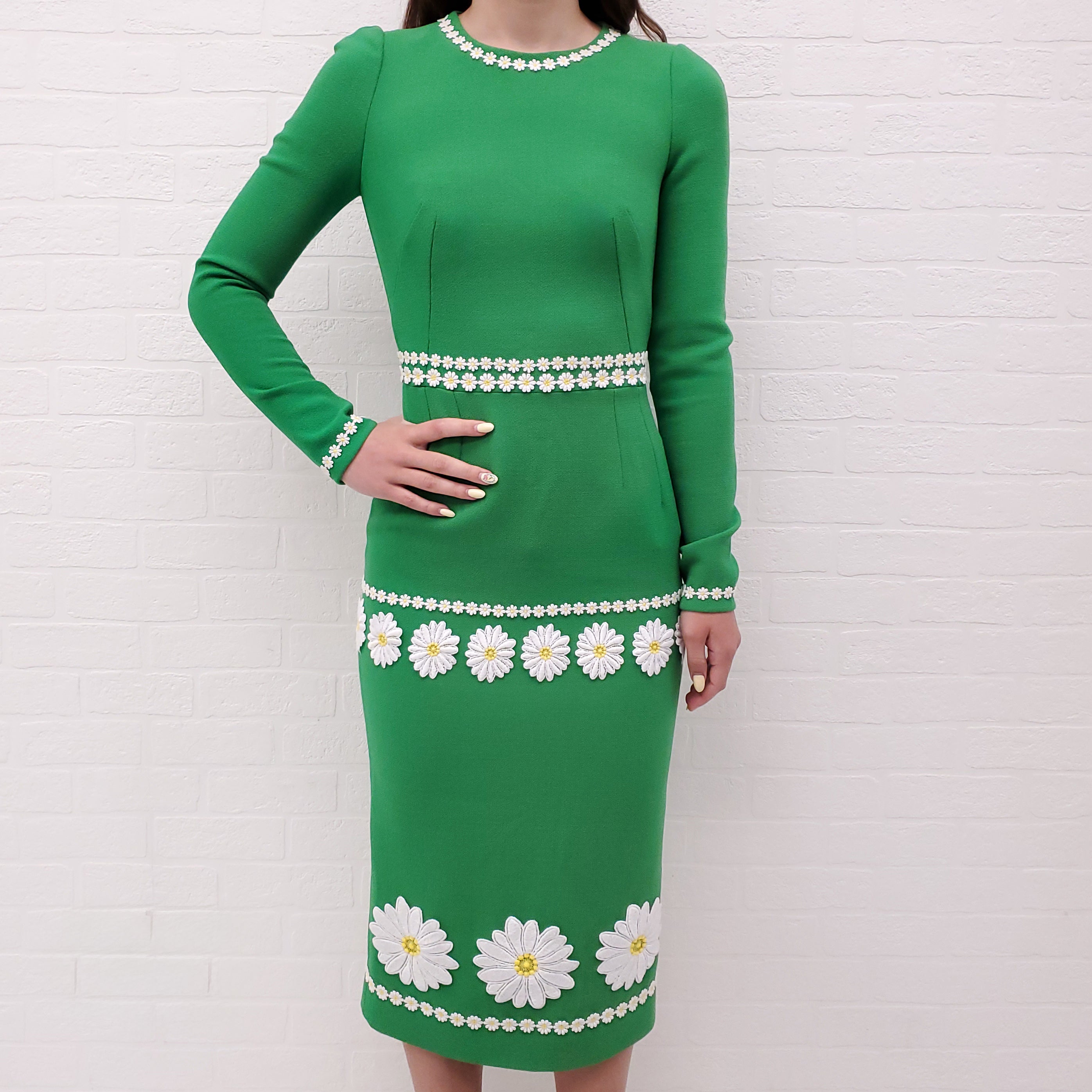 DOLCE & GABBANA GREEN LONG SLEEVE DRESS WITH DAISY EMBROIDERY - SIZE 38