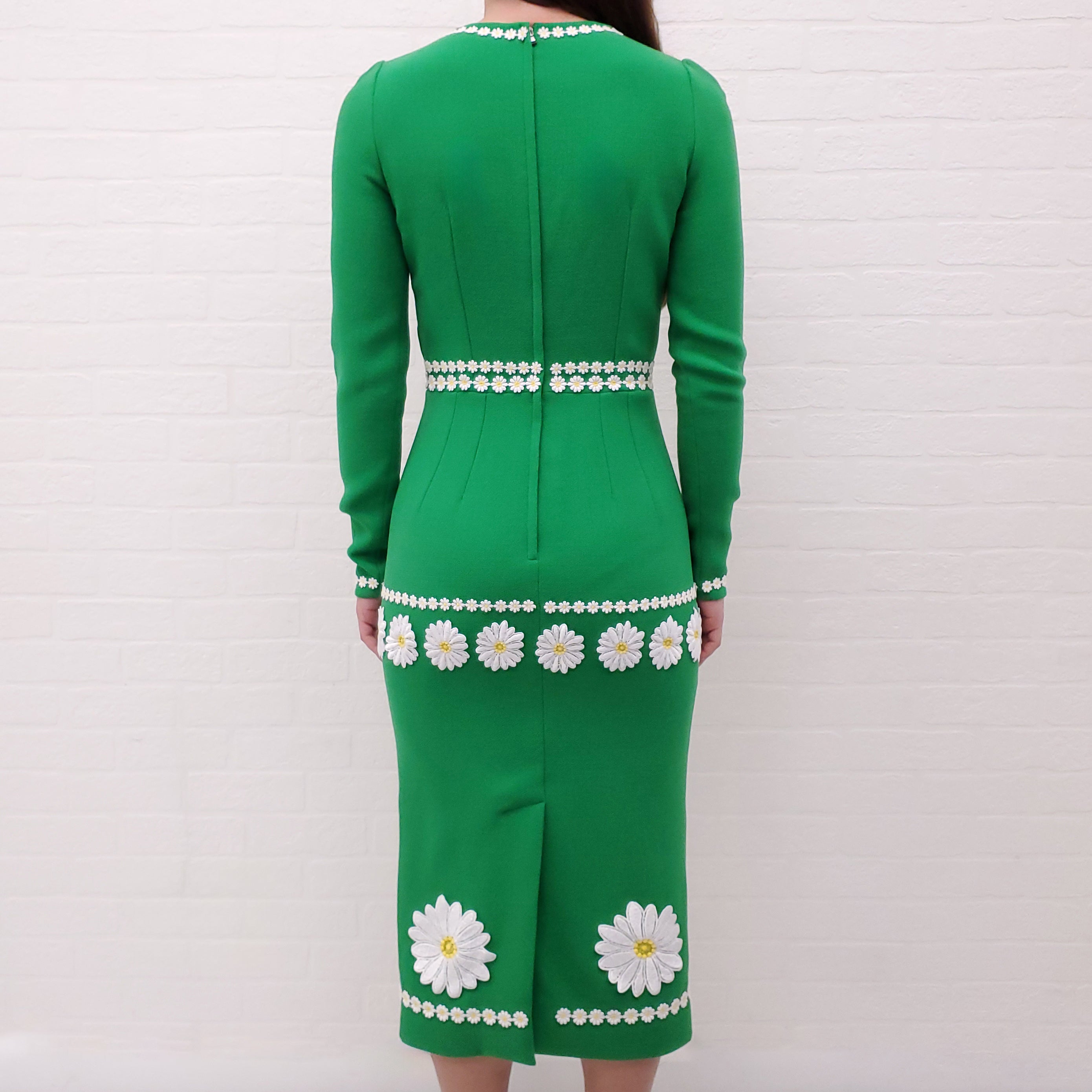 DOLCE & GABBANA GREEN LONG SLEEVE DRESS WITH DAISY EMBROIDERY - SIZE 38