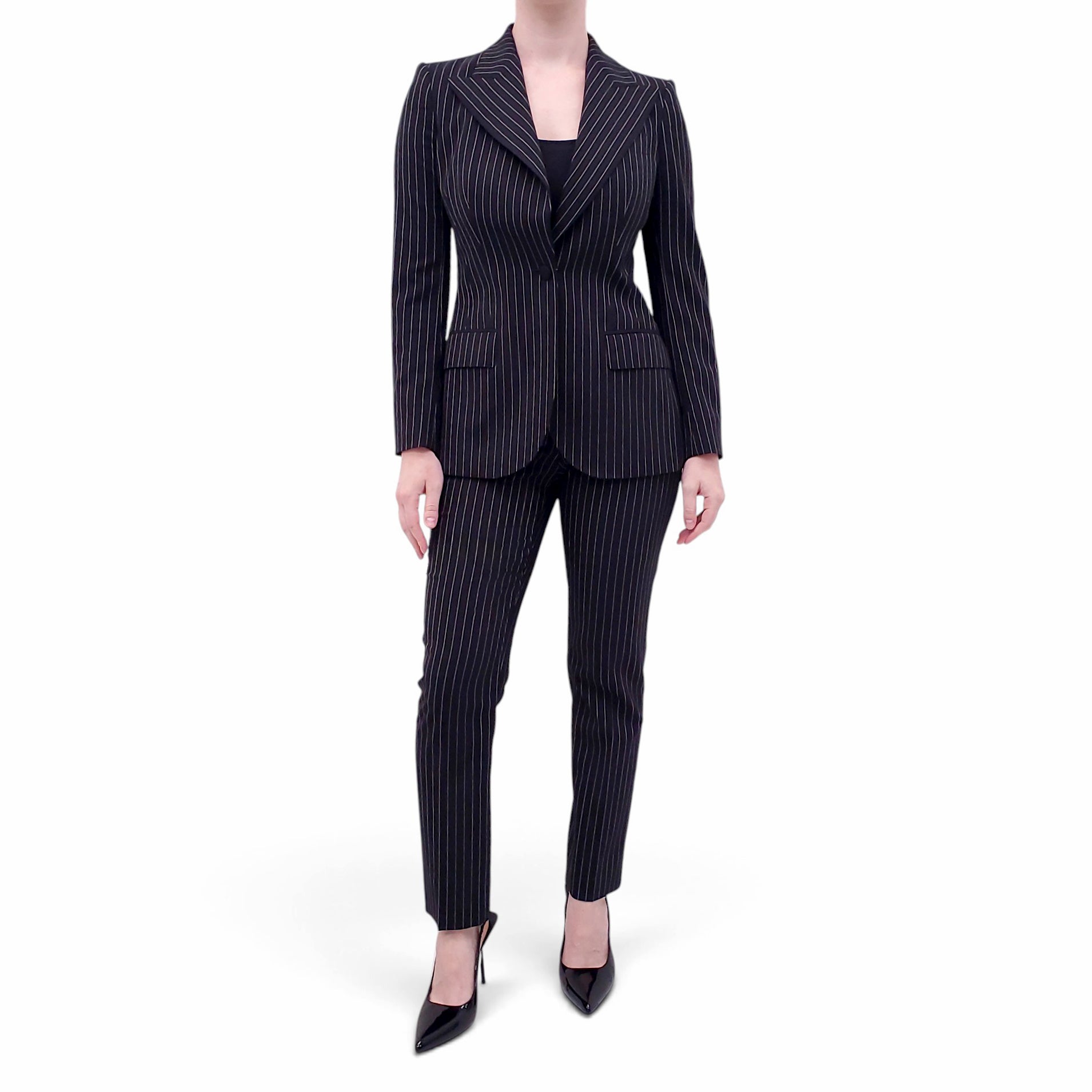 DOLCE & GABBANA GREY PINSTRIPED SUIT WITH LEOPARD INTERIOR - SIZE 38