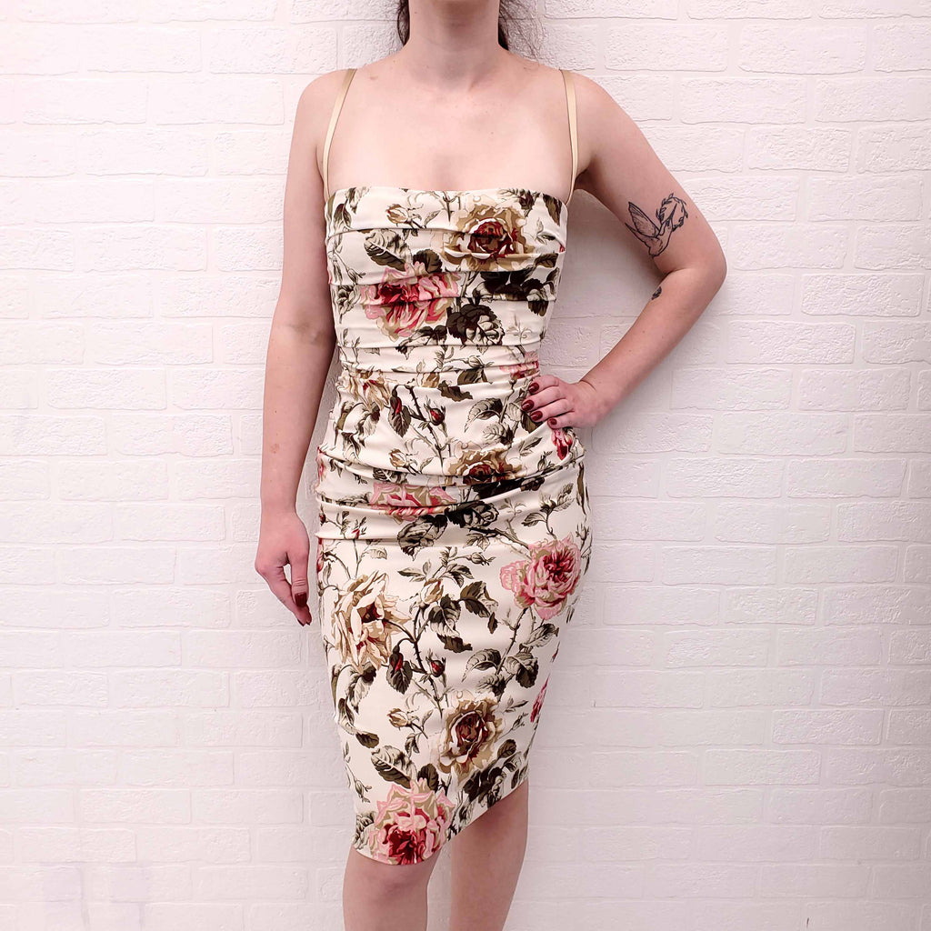 DOLCE & GABBANA NUDE FLORAL RUCHED DRESS - SIZE 42