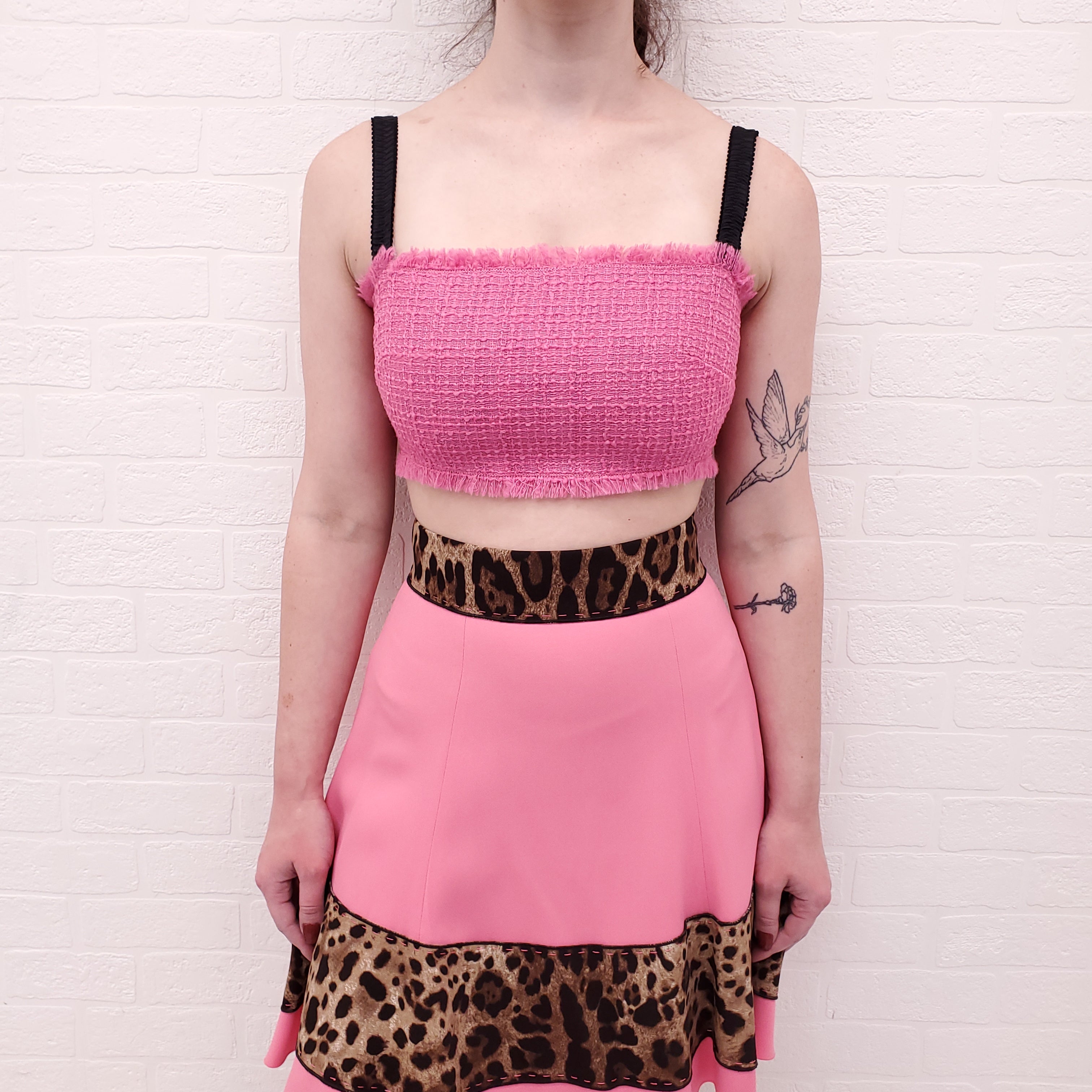 DOLCE & GABBANA PINK TWEED JACKET WITH LOGO BUTTONS AND MATCHING BUSTIER - SIZE 38 JACKET, SIZE 40 BUSTIER