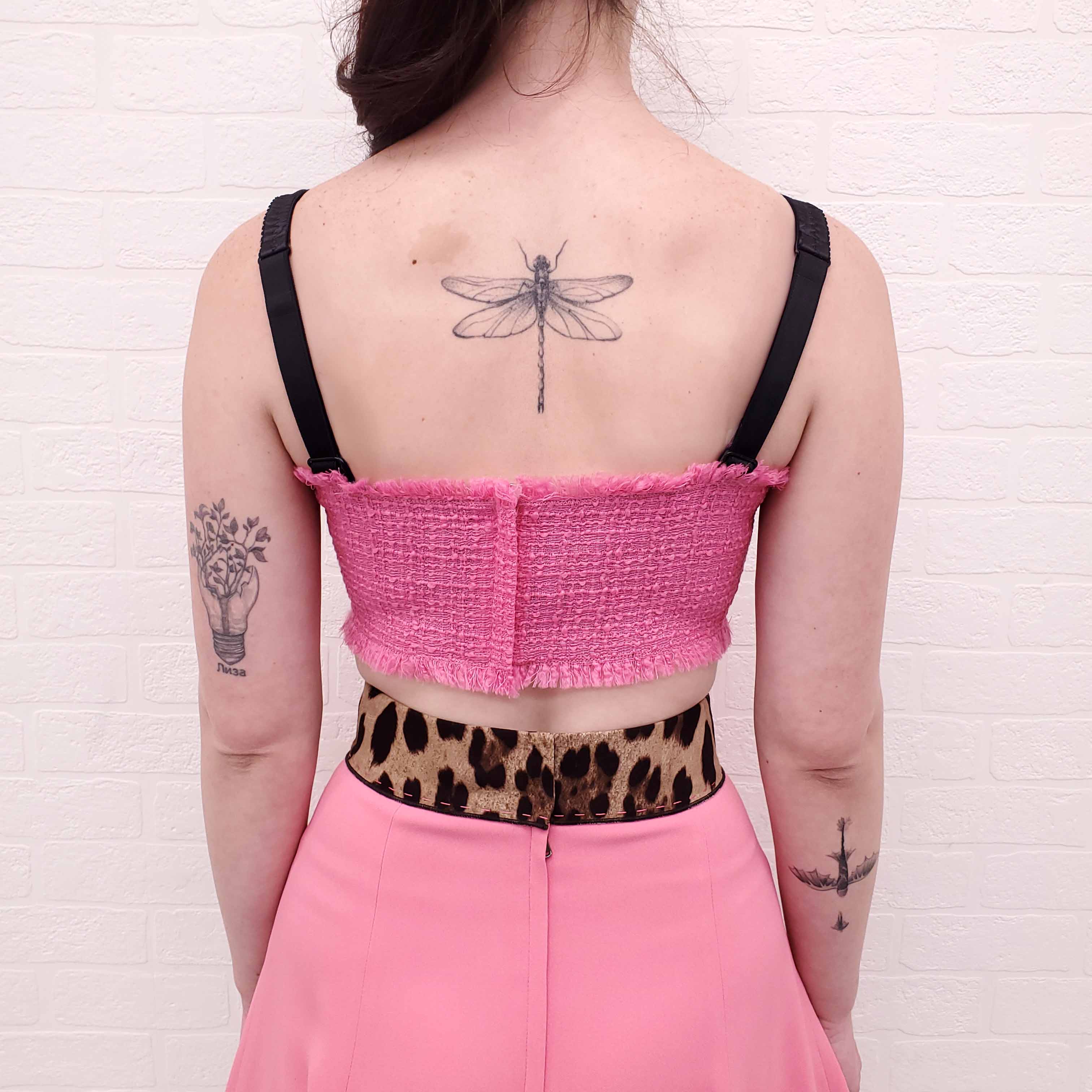 DOLCE & GABBANA PINK TWEED JACKET WITH LOGO BUTTONS AND MATCHING BUSTIER - SIZE 38 JACKET, SIZE 40 BUSTIER