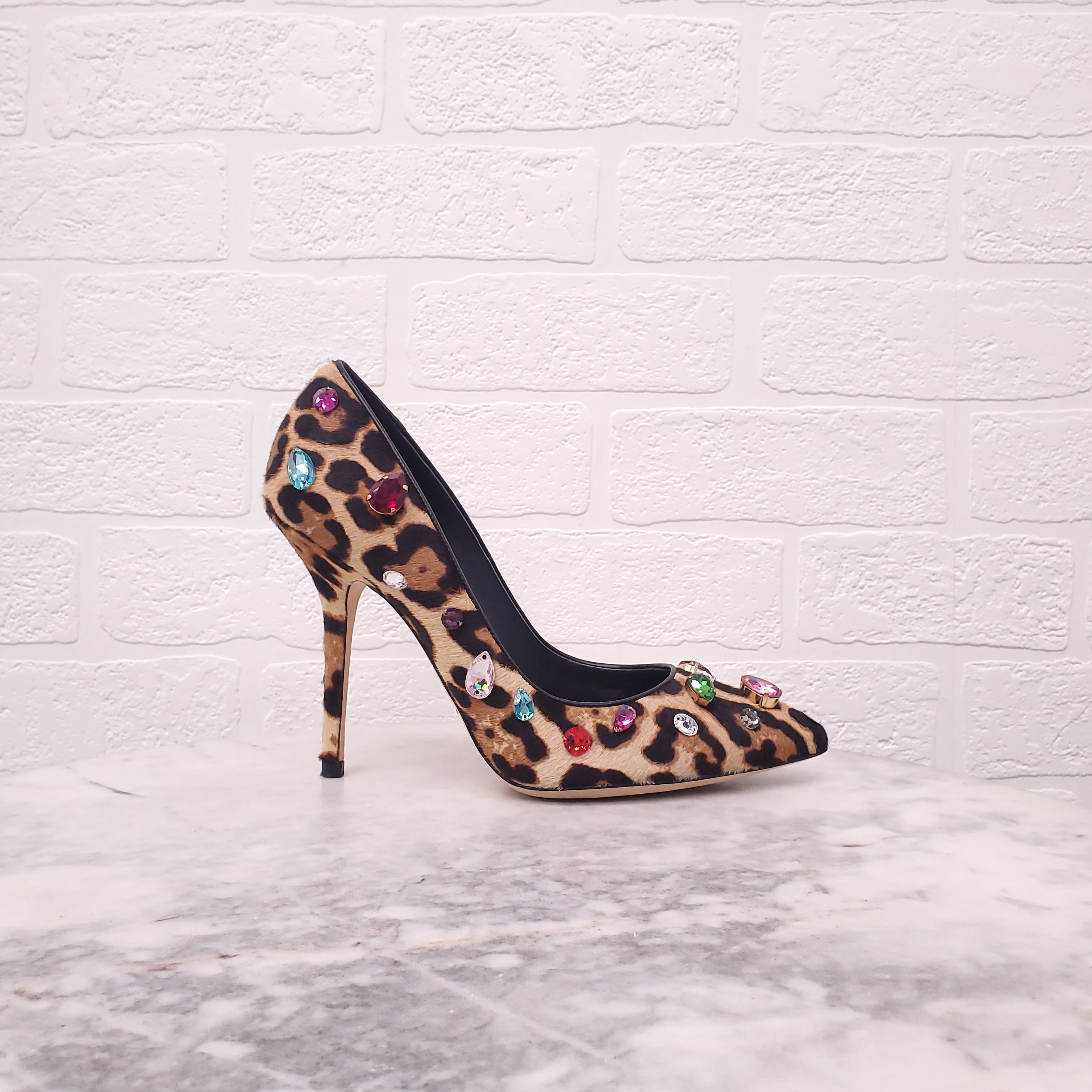 DOLCE & GABBANA PONY HAIR LEOPARD HEELS WITH MULTICOLOUR STONE DETAIL - SIZE 38.5