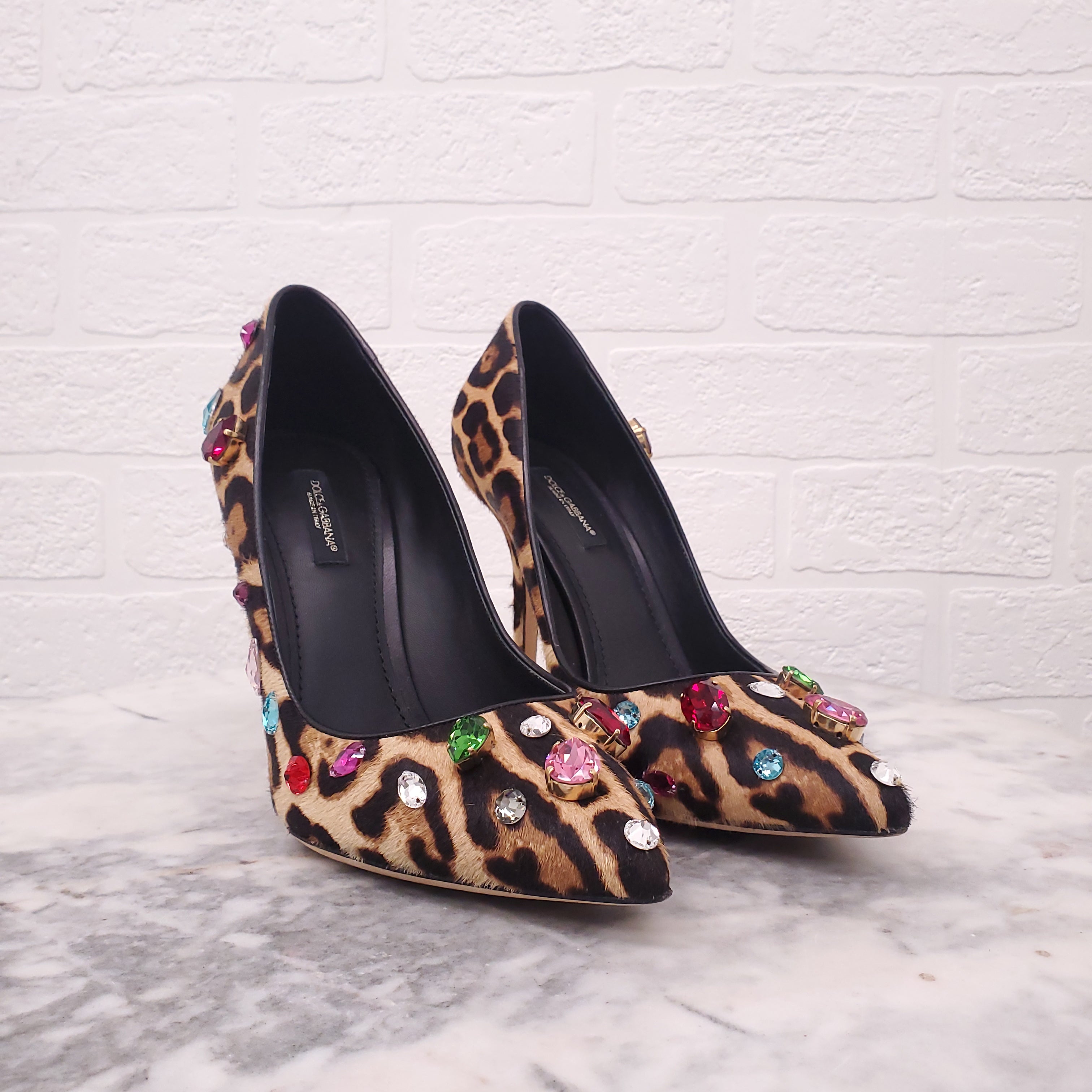 DOLCE & GABBANA PONY HAIR LEOPARD HEELS WITH MULTICOLOUR STONE DETAIL - SIZE 38.5