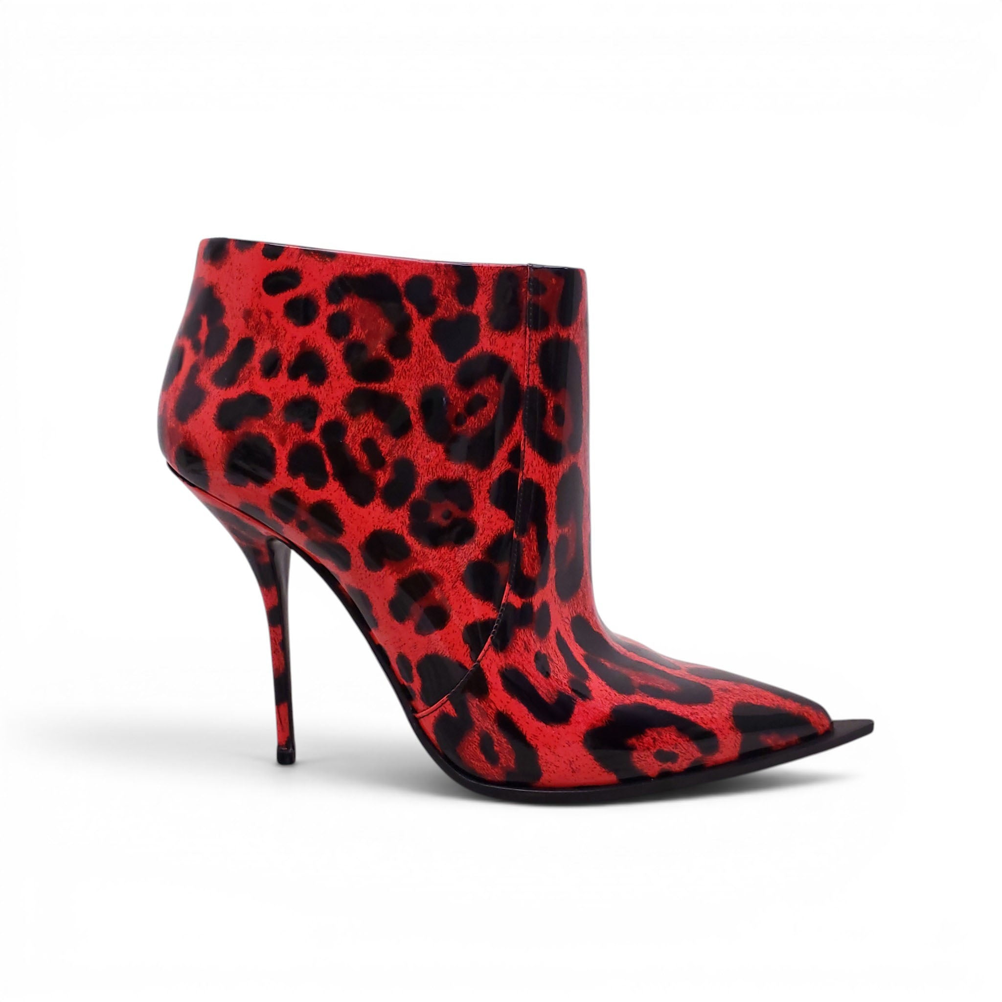 DOLCE & GABBANA RED PATENT CARDINALE LEOPARD PRINT ANKLE BOOTIES - SIZE 39.5
