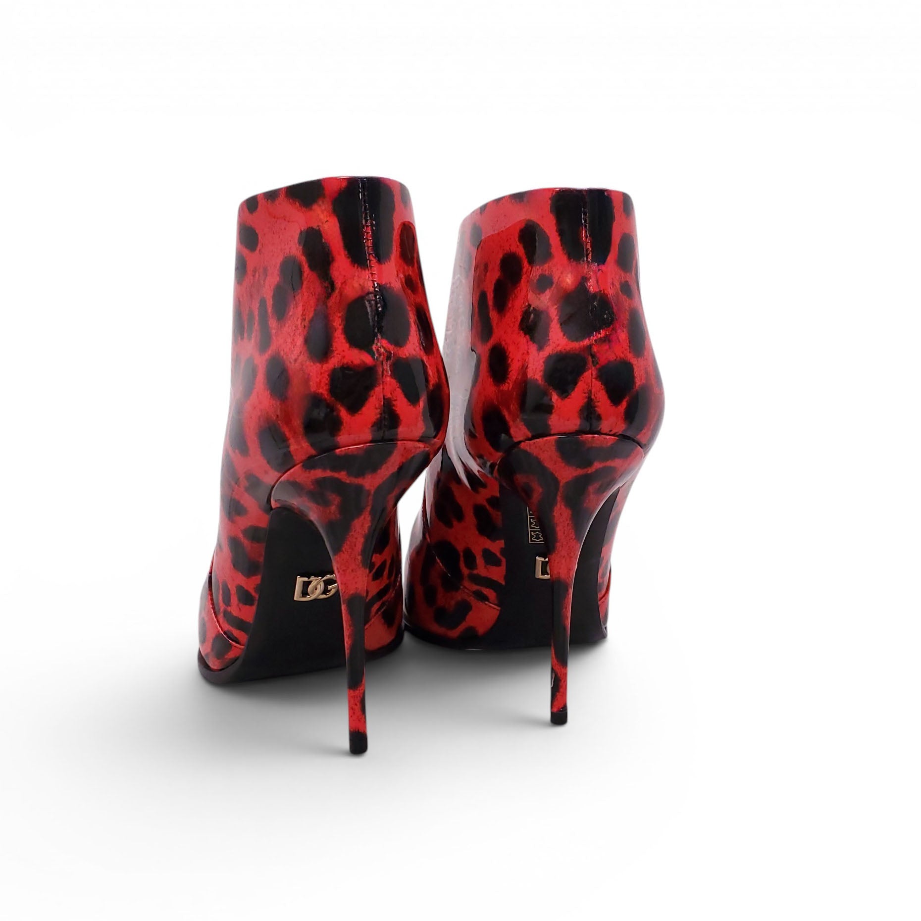 DOLCE & GABBANA RED PATENT CARDINALE LEOPARD PRINT ANKLE BOOTIES - SIZE 39.5