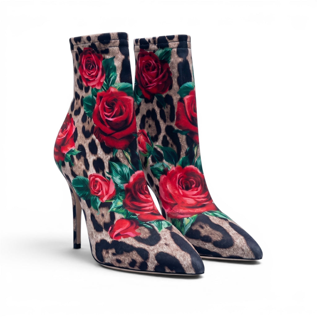 DOLCE & GABBANA ROSE LEOPARD PRINT STRETCH BOOTIES - SIZE 36.5