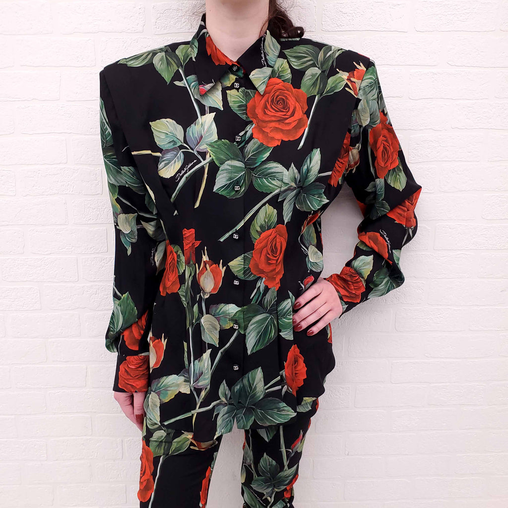 DOLCE & GABBANA ROSE PRINT BUTTON UP SILK BLOUSE WITH LOGO BUTTONS AND EXAGGERATED SHOULDERS - SIZE 46