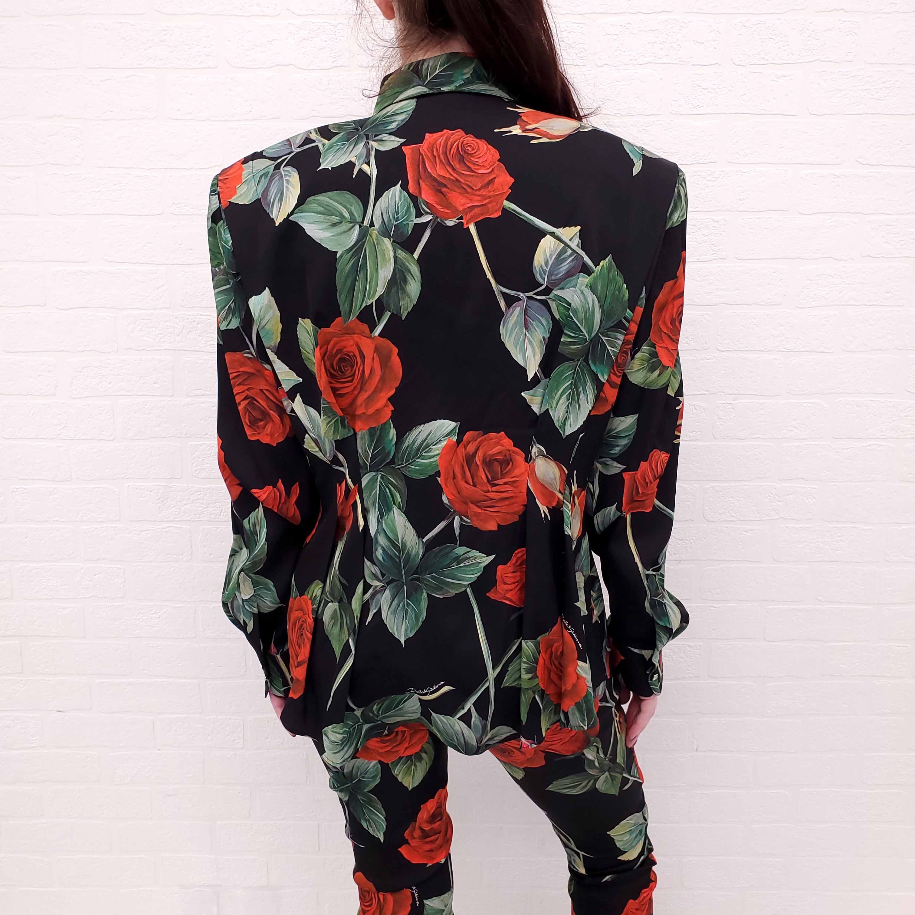 DOLCE & GABBANA ROSE PRINT BUTTON UP SILK BLOUSE WITH LOGO BUTTONS AND EXAGGERATED SHOULDERS - SIZE 46