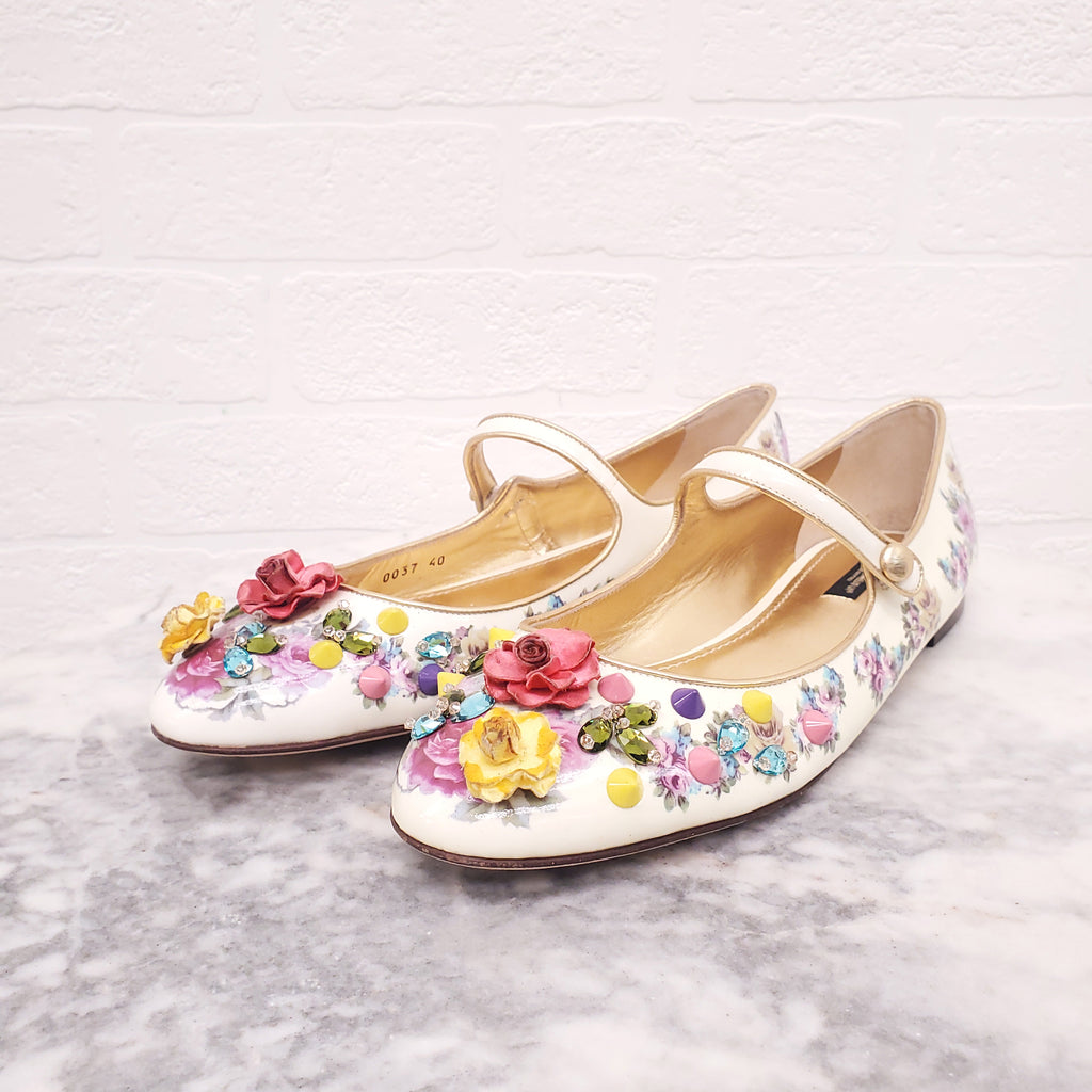 DOLCE & GABBANA RUNWAY FLORAL BEADED MARY JANE FLATS - SIZE 40