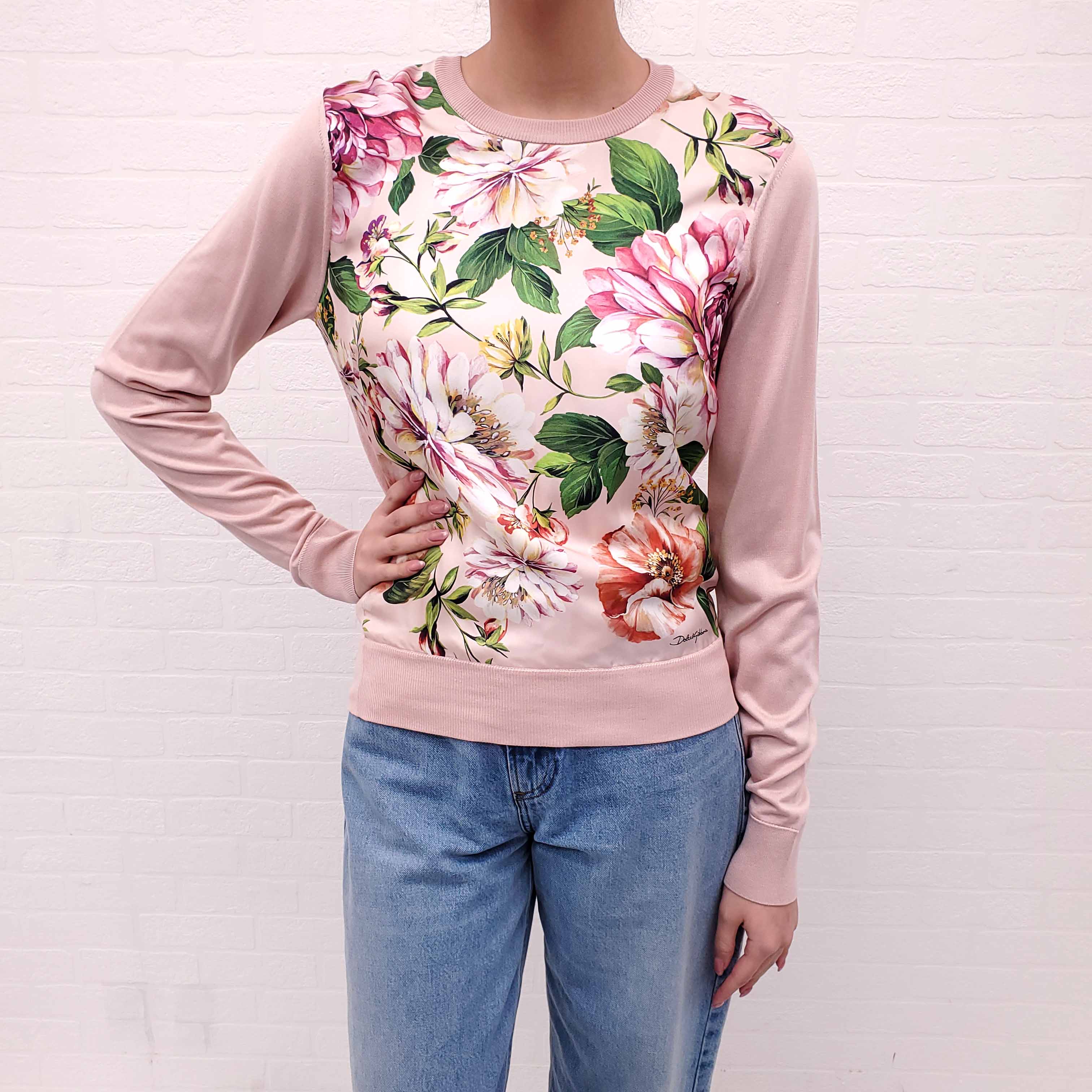 DOLCE & GABBANA SILK FLORAL FRONT SWEATER - SIZE 44