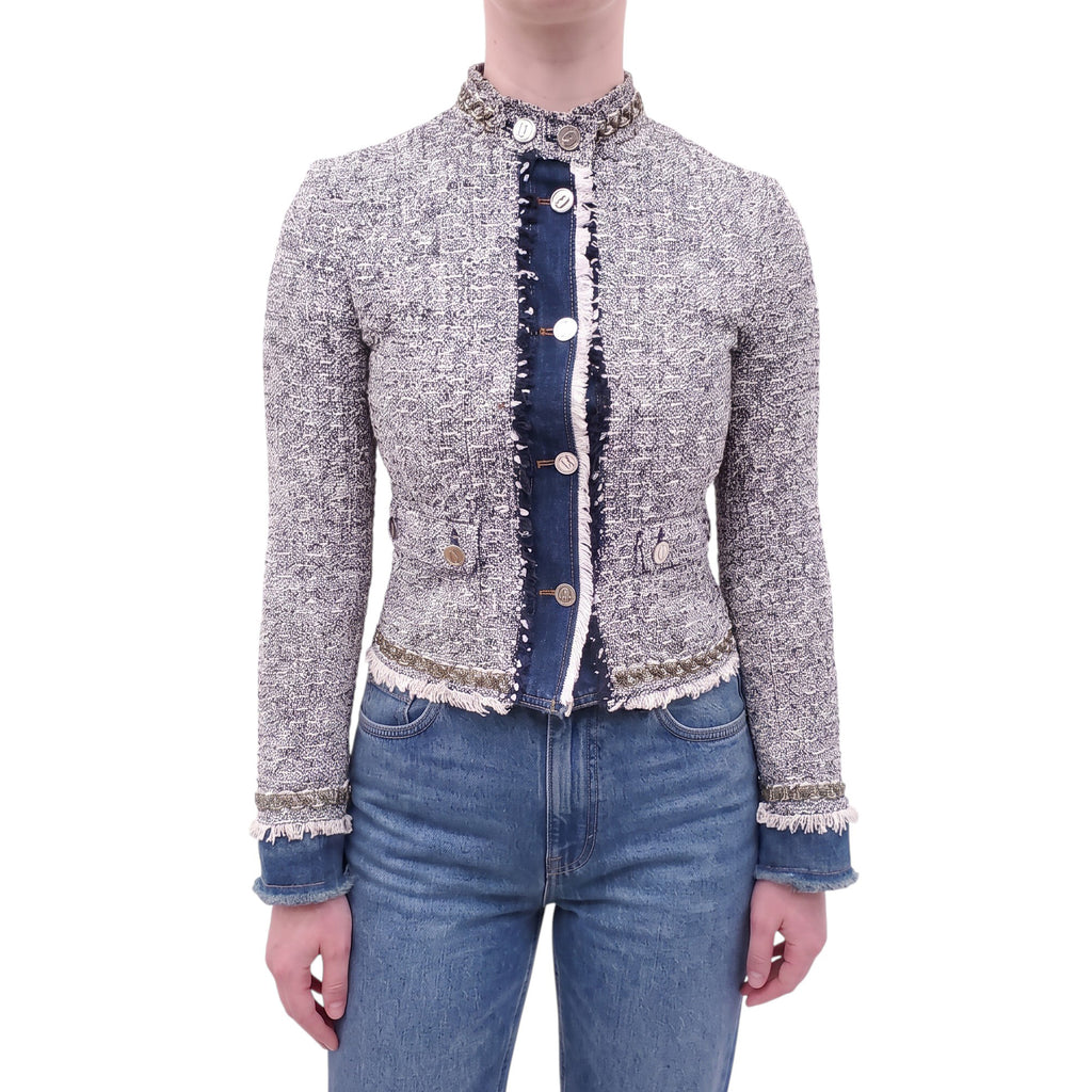 DOLCE & GABBANA TWEED AND DENIM JACKET WITH LOGO BUTTONS - SIZE 38