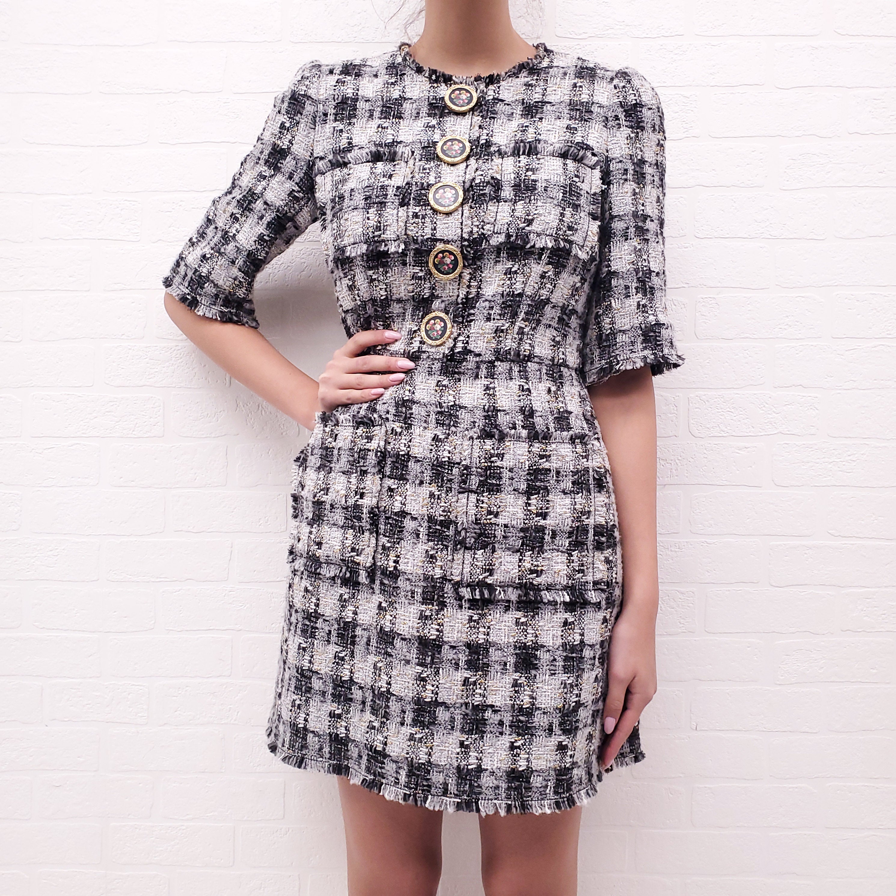 DOLCE & GABBANA TWEED DRESS WITH FLORAL BUTTON DETAIL - SIZE 6