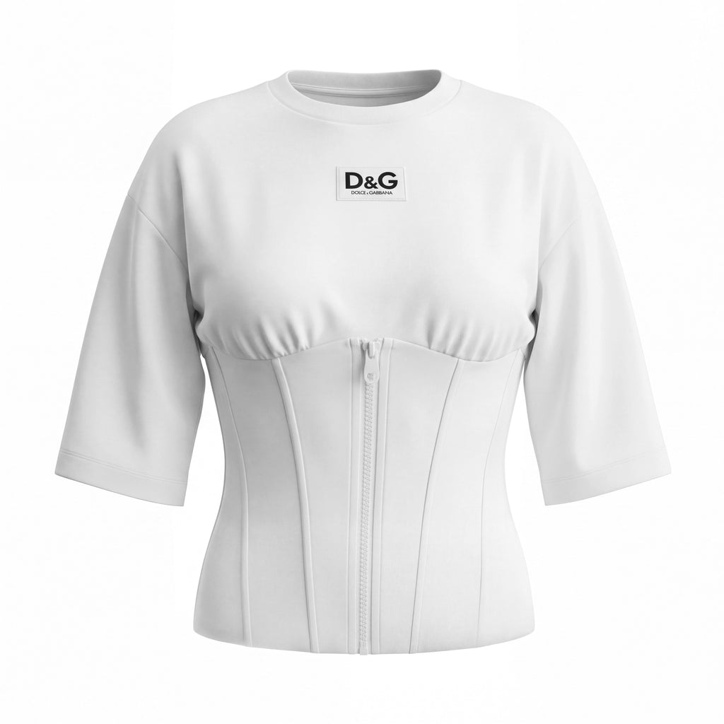 DOLCE & GABBANA WHITE CREW NECK SHORT SLEEVE CORSET TOP - SIZE 46